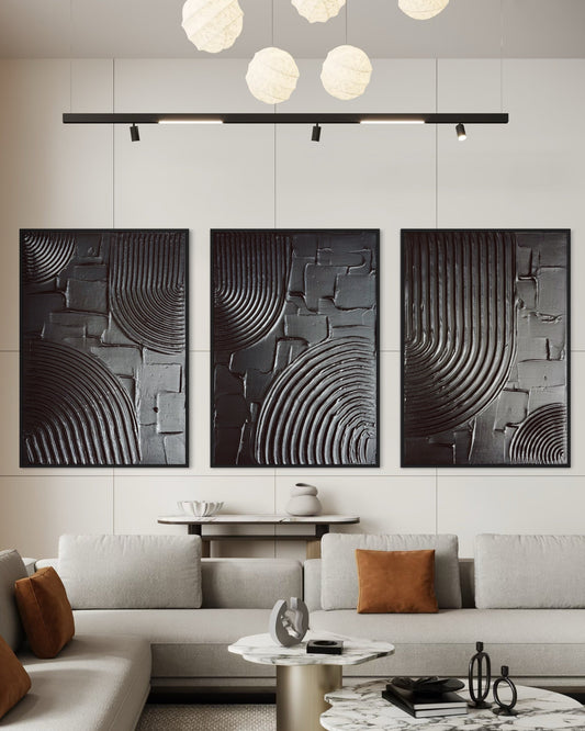 Modern living room with abstract wall art and stylish furniture