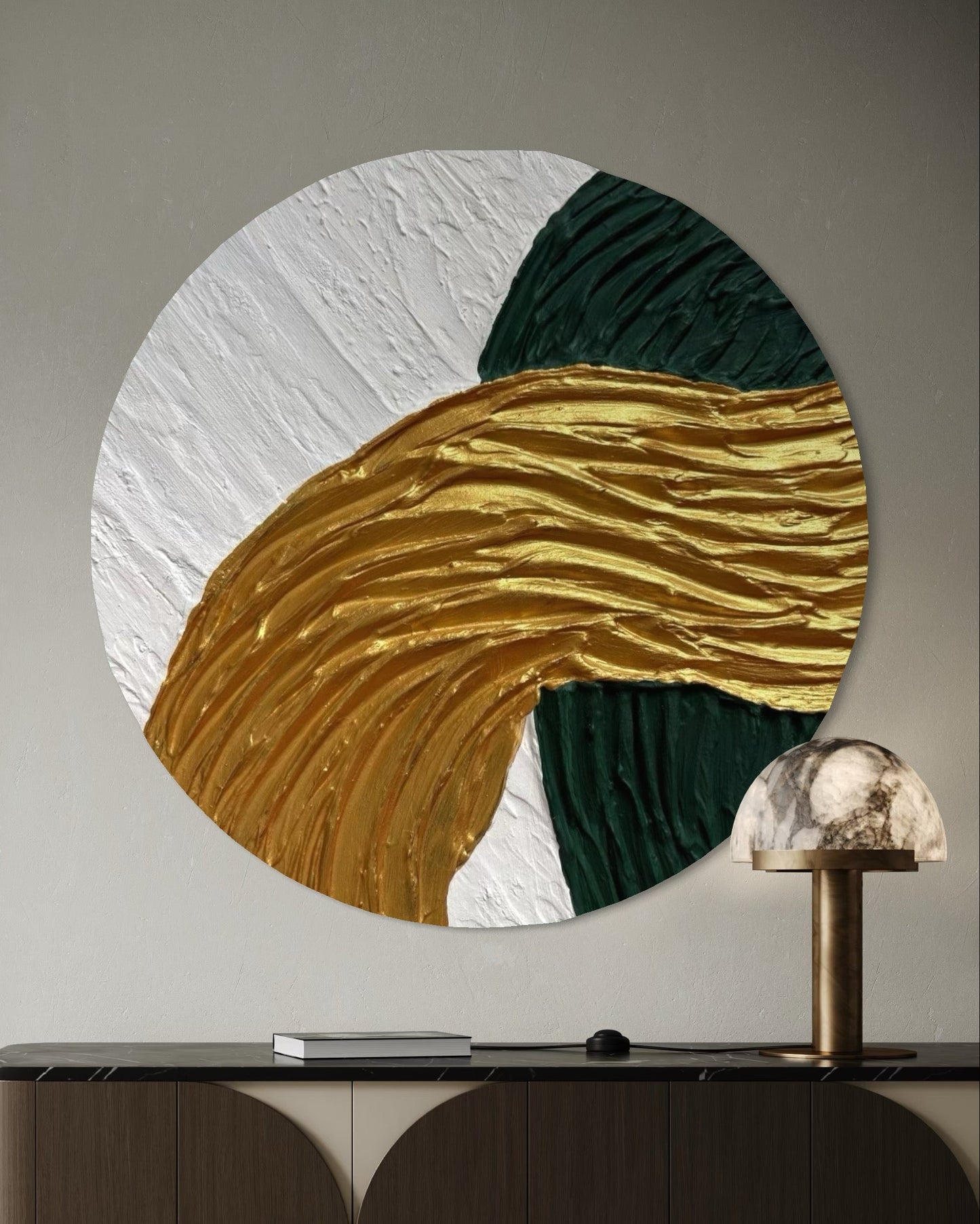 Okrągły obraz strukturalny ATEN w kolorach bieli, złota i zieleni na płótnie