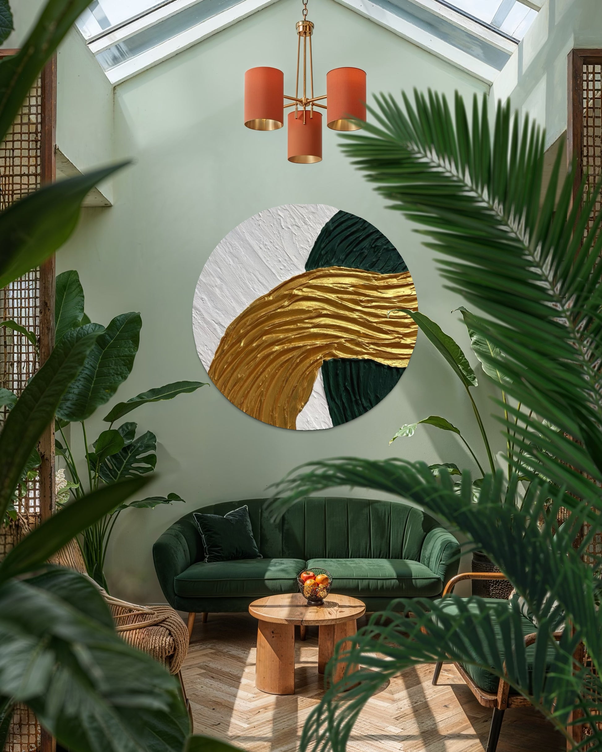 Modern interior with green sofa, round monern textured wall art with gold and green, and plants