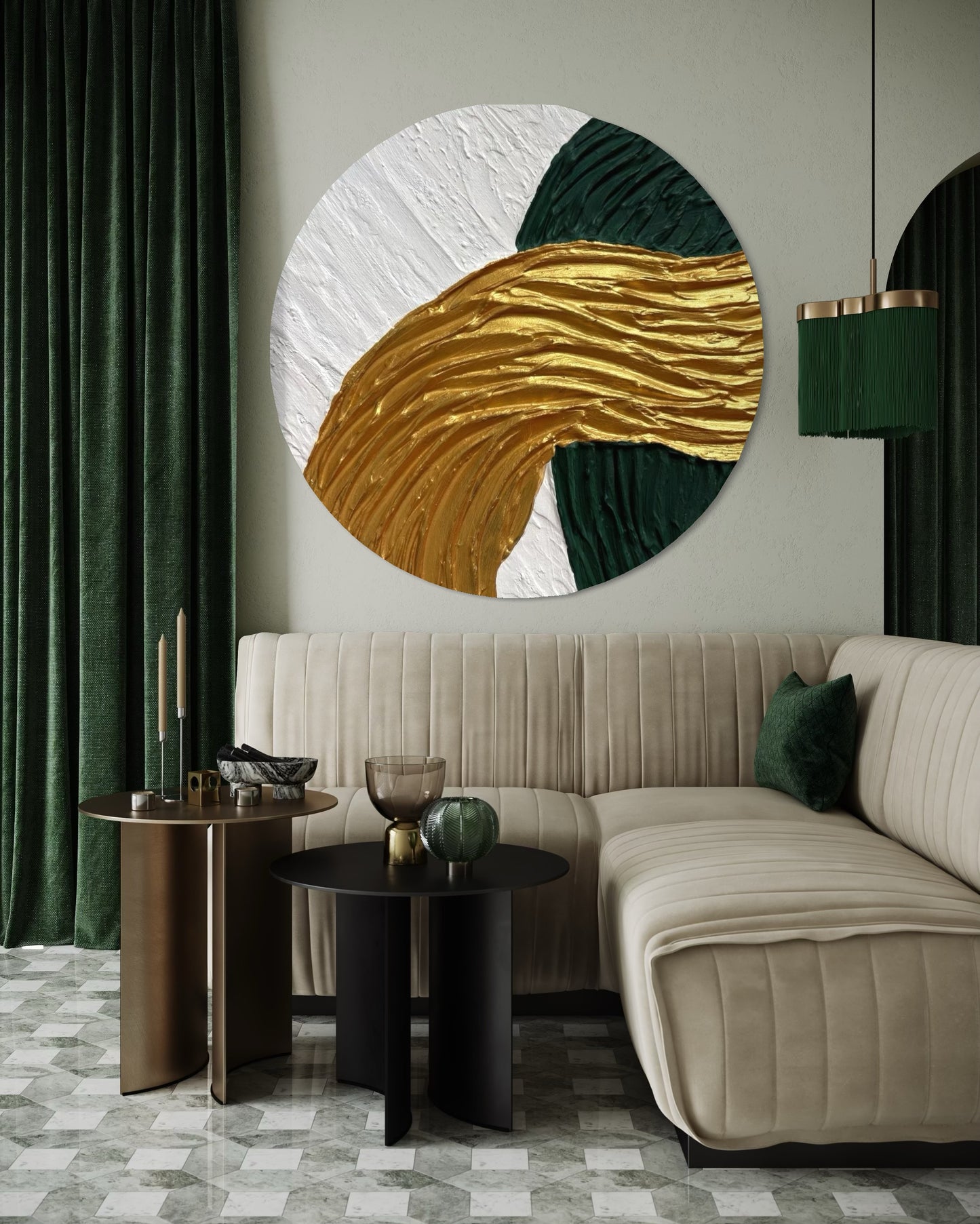 Minimalistyczny okrągły obraz ATEN z fakturą i akcentami złota oraz zieleni