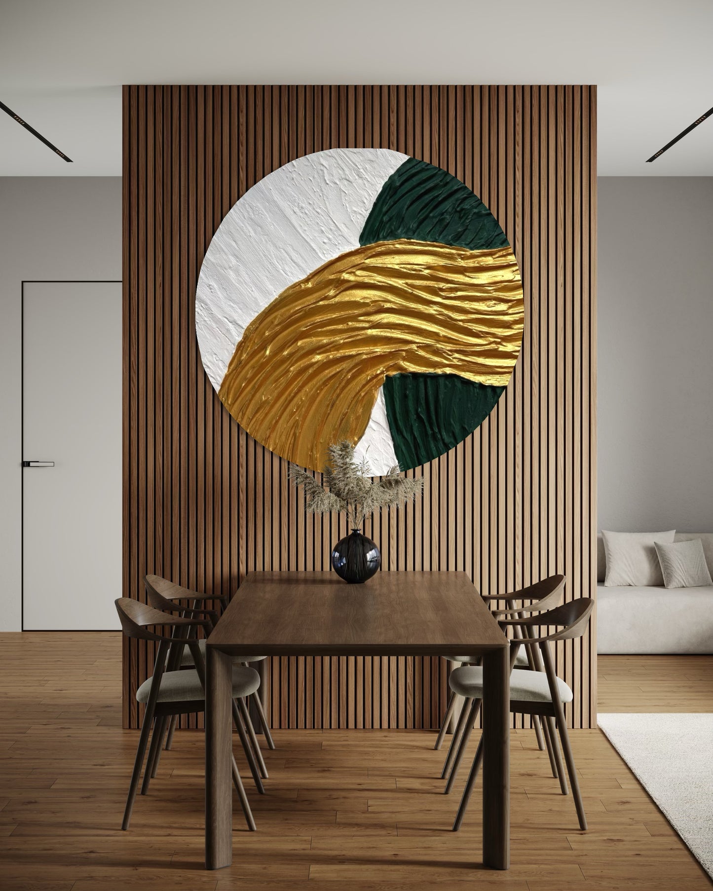 Round textured abstract wall art ATEN in white, gold and green tones