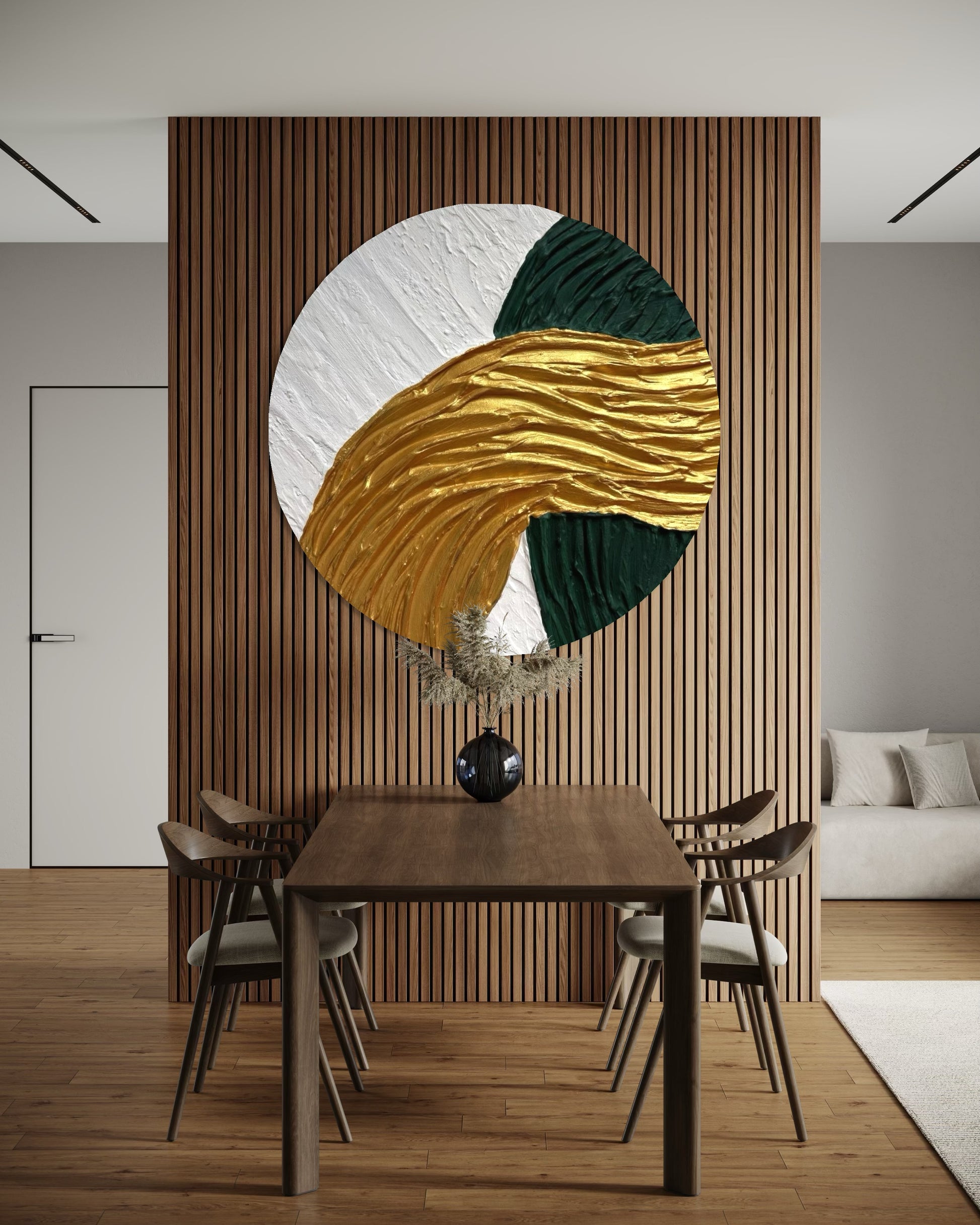 Round textured abstract wall art ATEN in white, gold and green tones