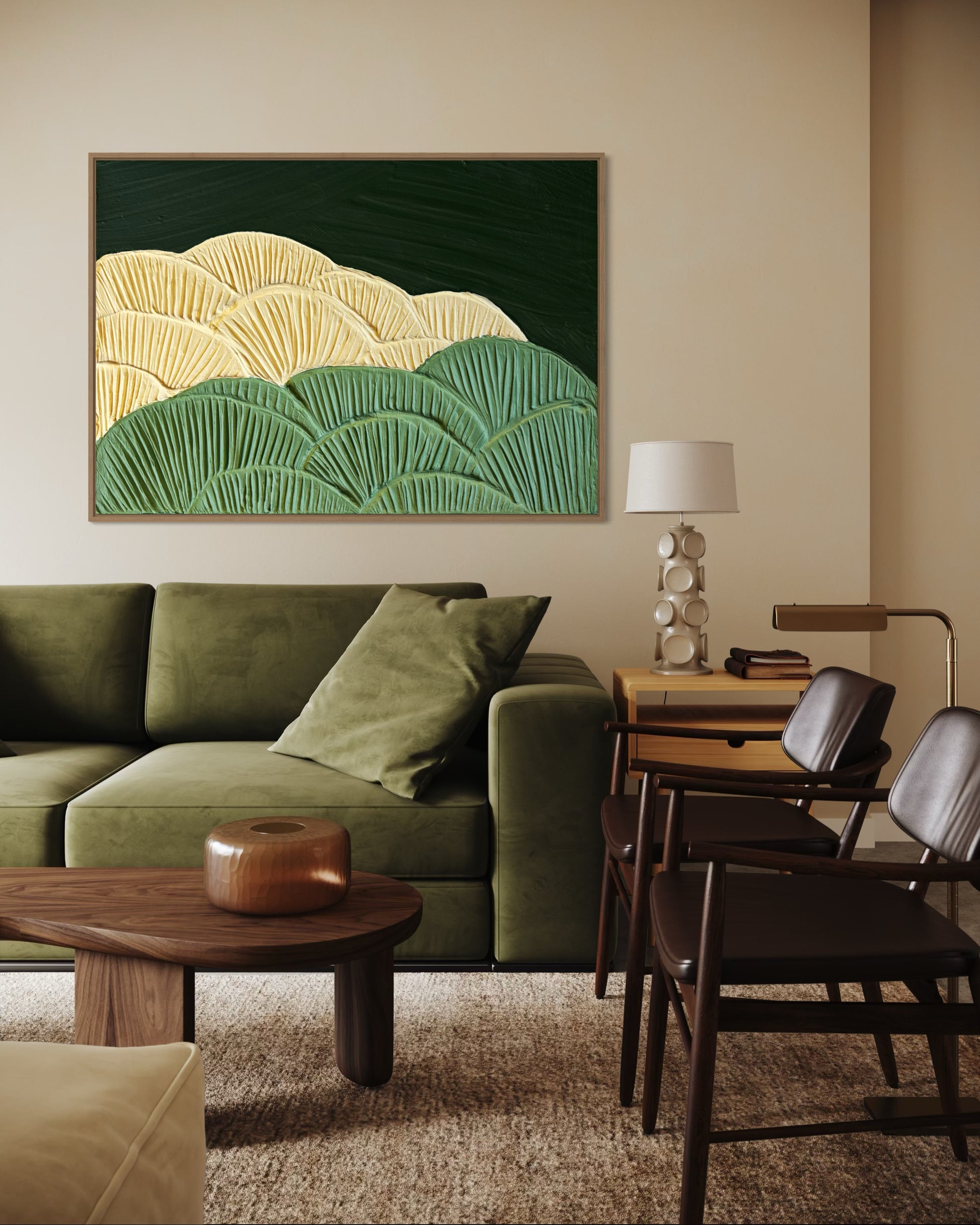 Modern floral wall art in layered greens and soft cream on canvas