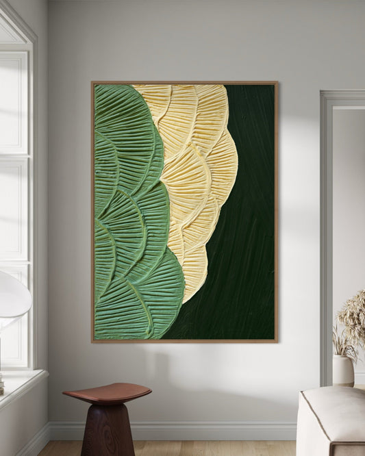ANTHEIA textured wall art in green and cream with botanical 3D design