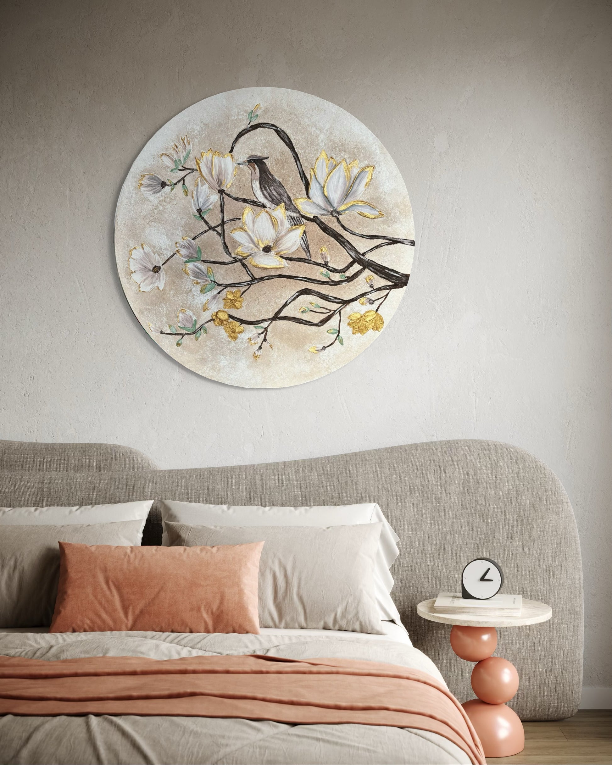 Okrągły obraz strukturalny 3D z kwiatami i ptakiem w kolorze beżu i brązu