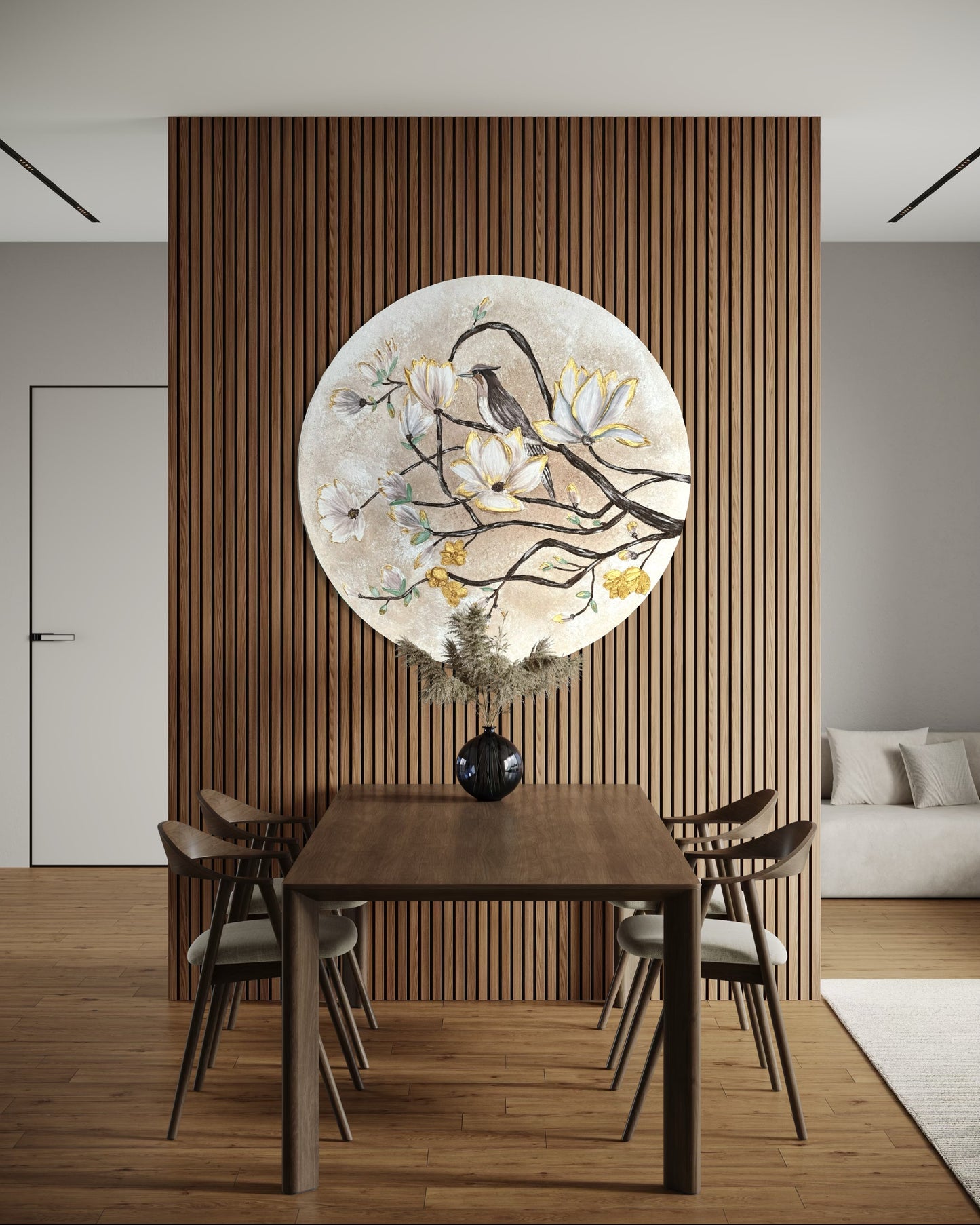 Dining room with a wooden table and chairs, featuring a textured  wall piece.
