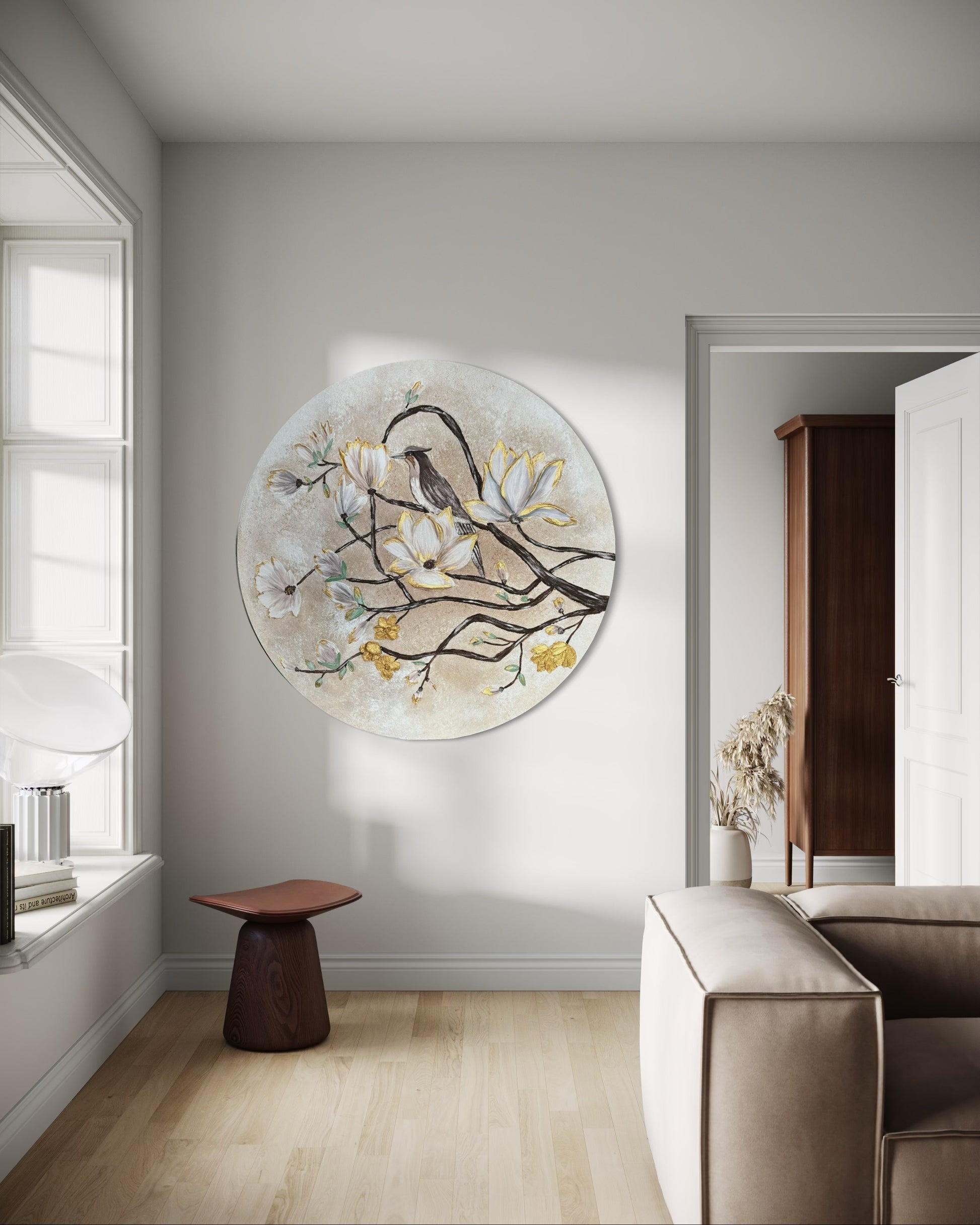 Modern textured wall art with a bird and floral design in a modern living room.