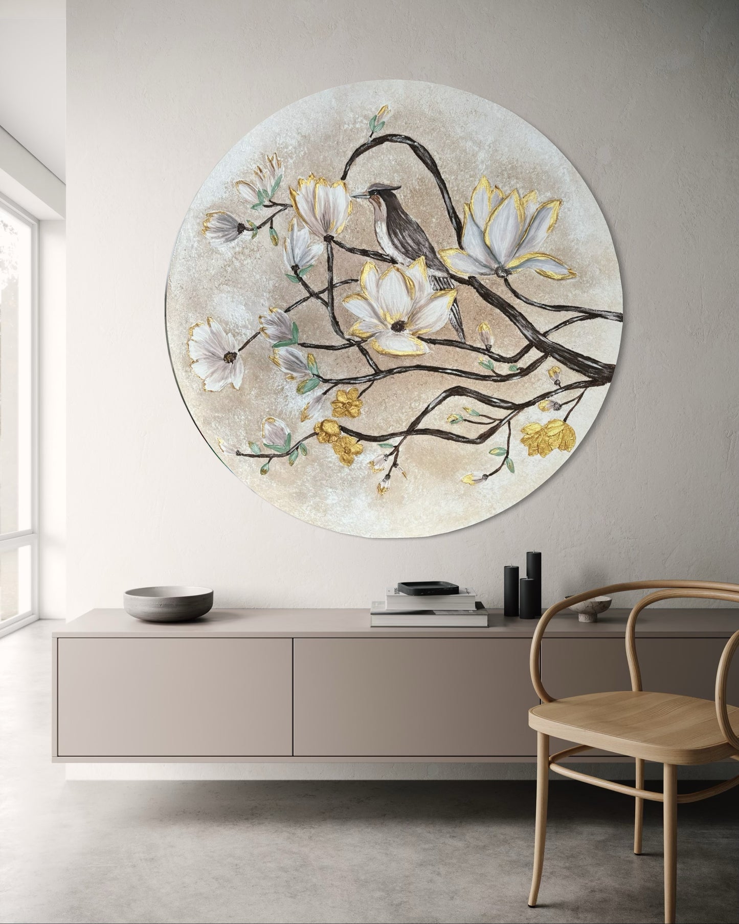 Modern 3D textured round wall art with floral and bird design in a modern room.