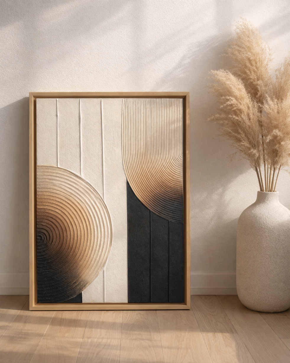 Framed abstract art piece on a wall with a vase of dried plants.