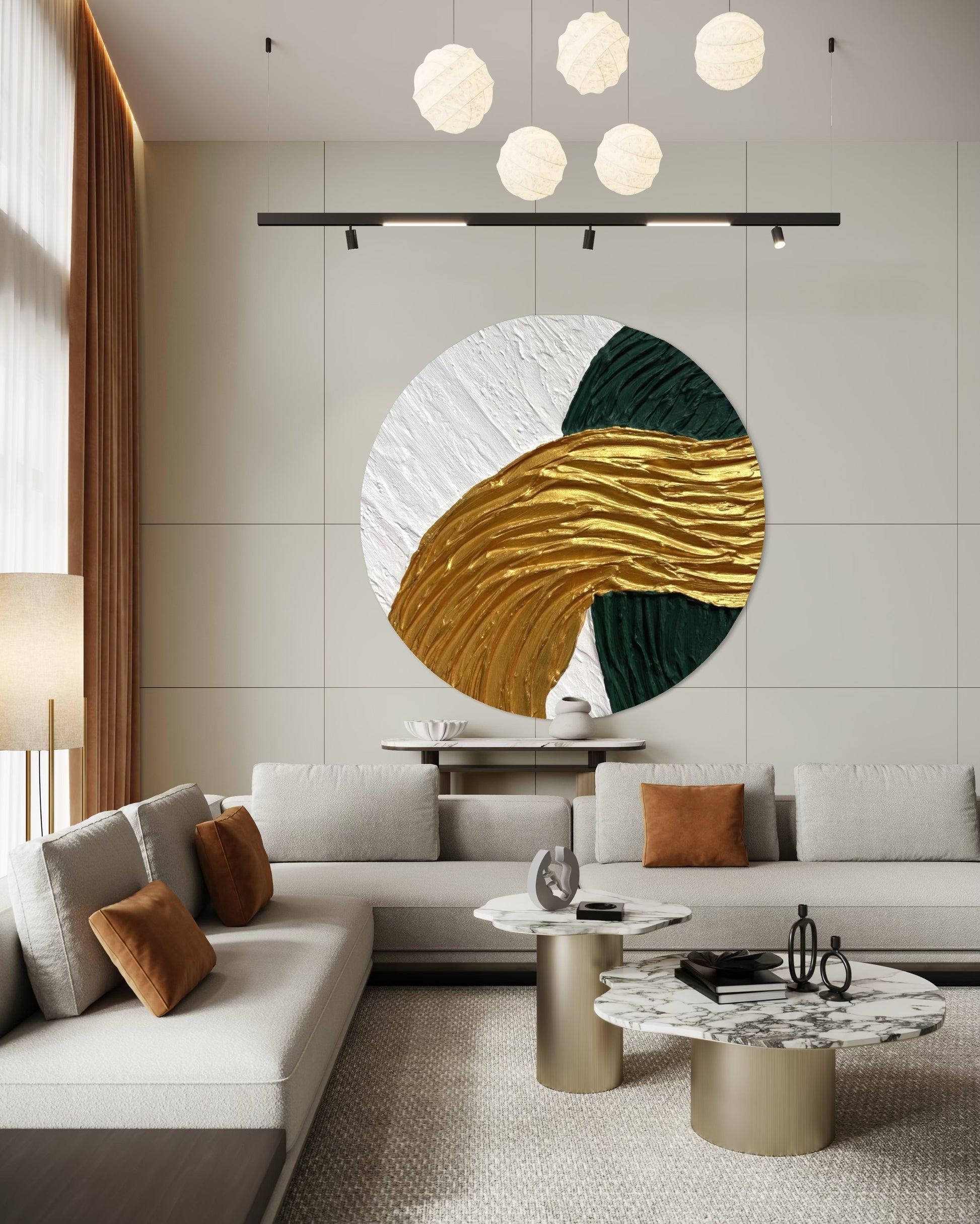 Modern living room with a abstract  wall art, gray sofa, and marble coffee table.