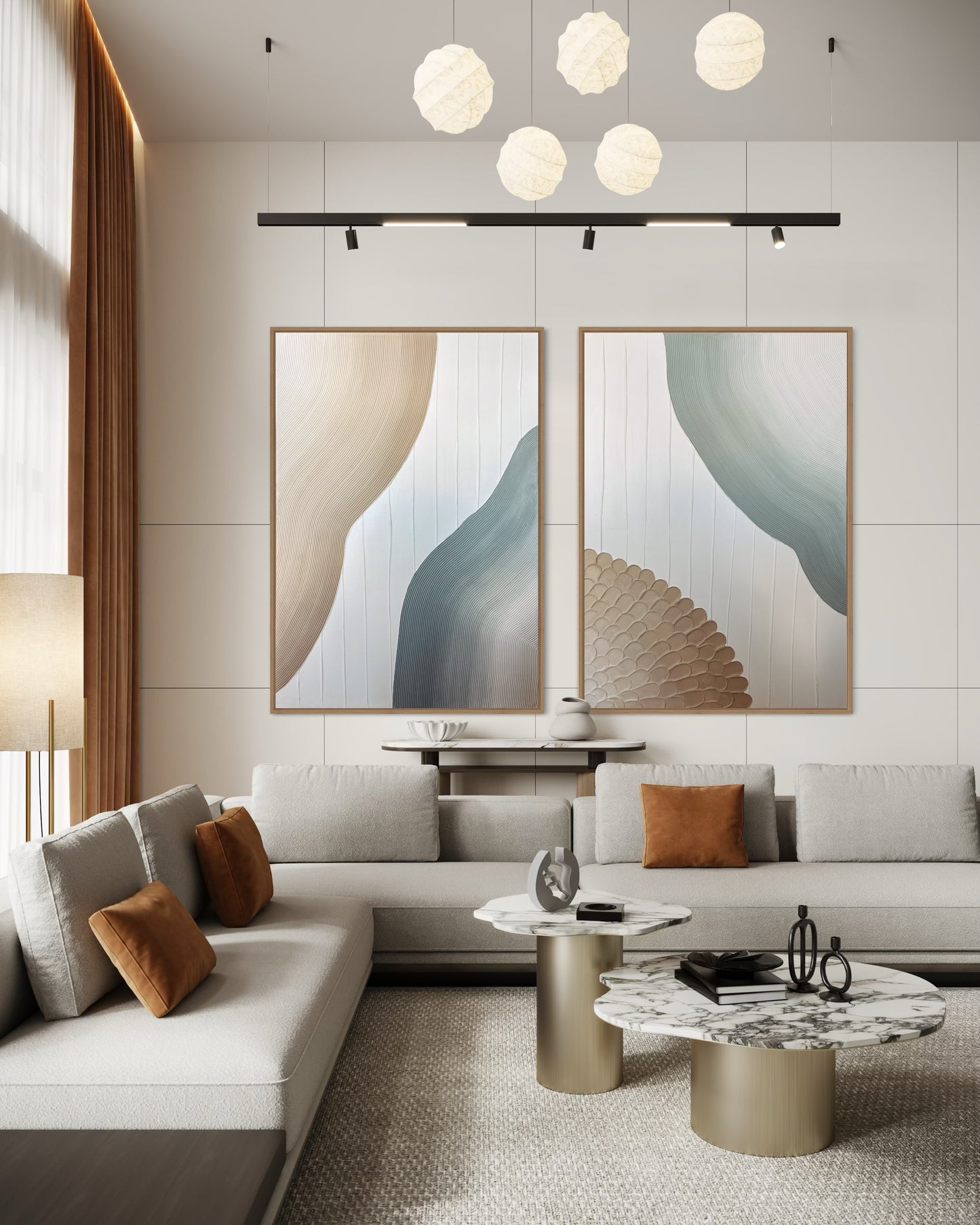 Modern living room with gray sofa, abstract textured wall art, and decorative items.