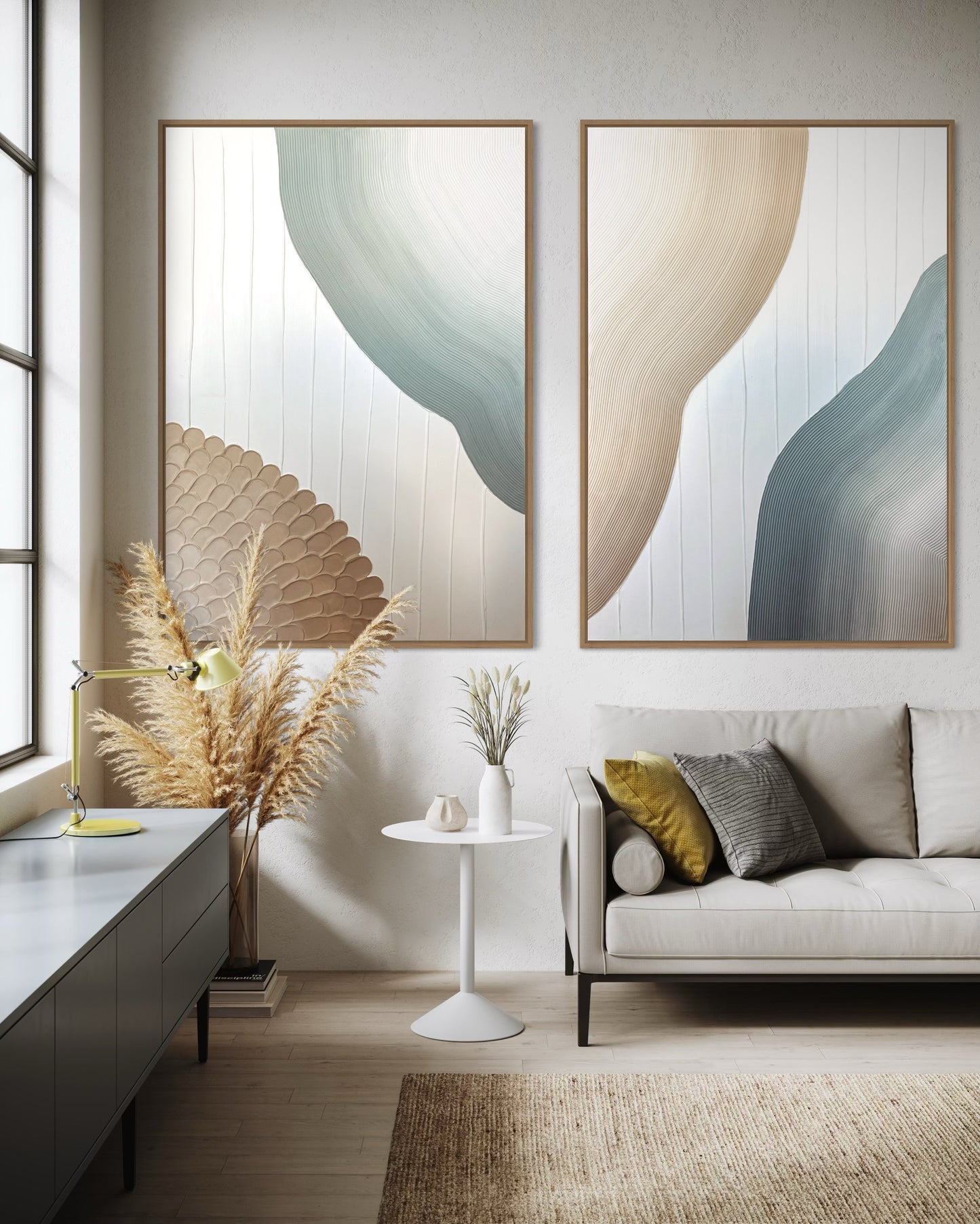 Modern living room with set of 2 abstract 3D wall art, a sofa, and decorative elements.