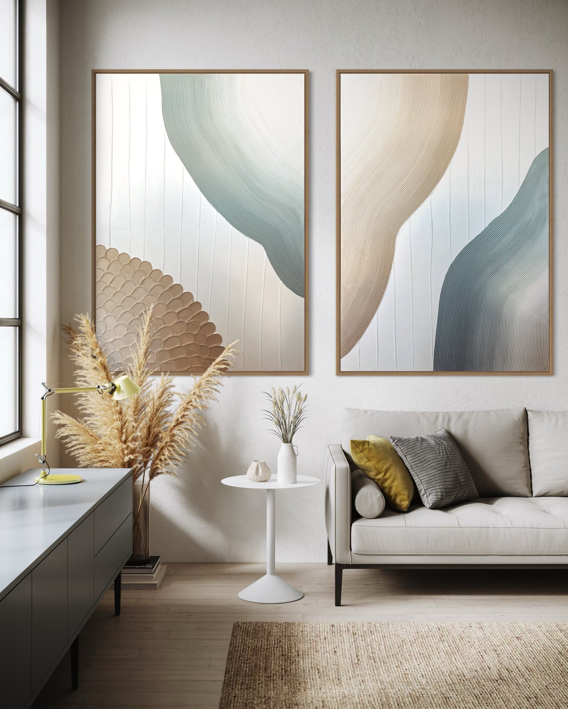 Modern living room with set of 2 abstract 3D wall art, a sofa, and decorative elements.