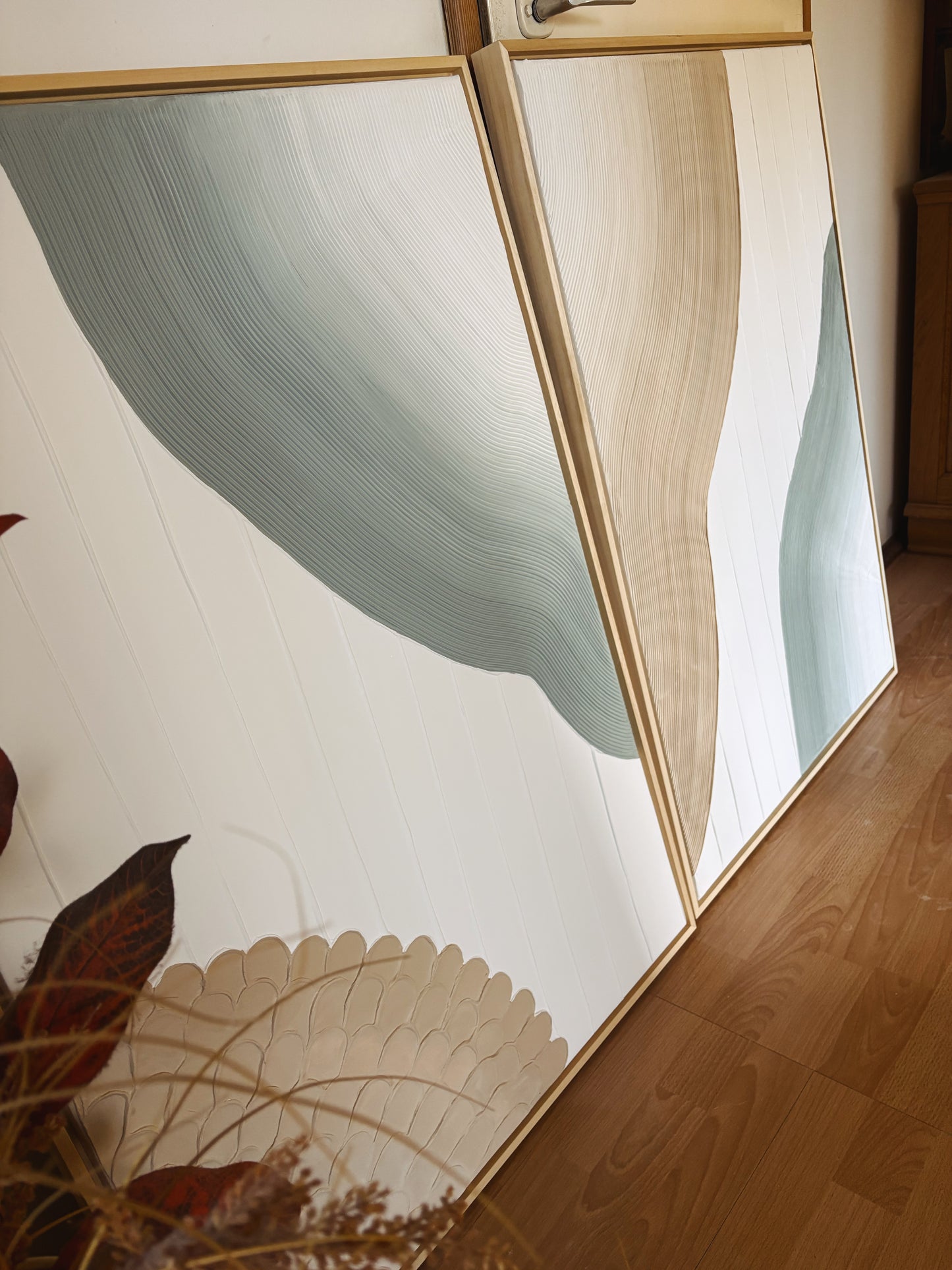 DANU set of 2 textured minimalist modern wall art in soft ombre in beige and green