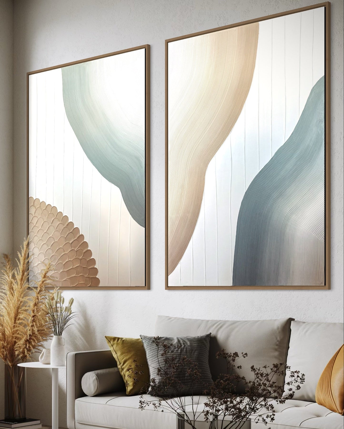 Modern living room with abstract modern minimalist wall art, a sofa, and decorative items.