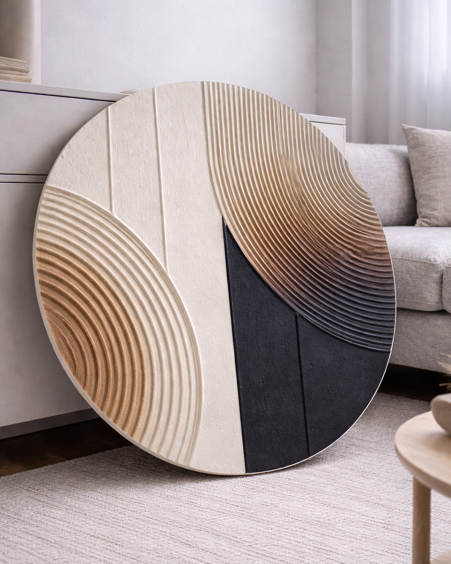 Round decorative textured wall artwork piece with concentric circle design in a living room setting.