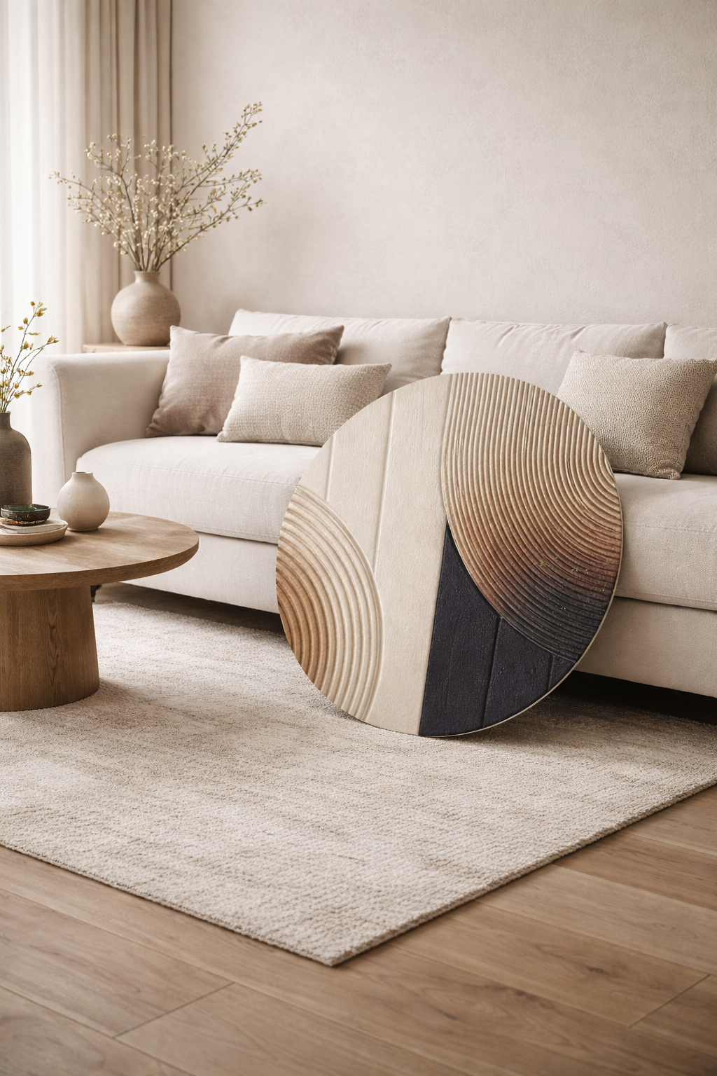 Modern living room with a beige sofa, wooden coffee table, and decorative wall piece.