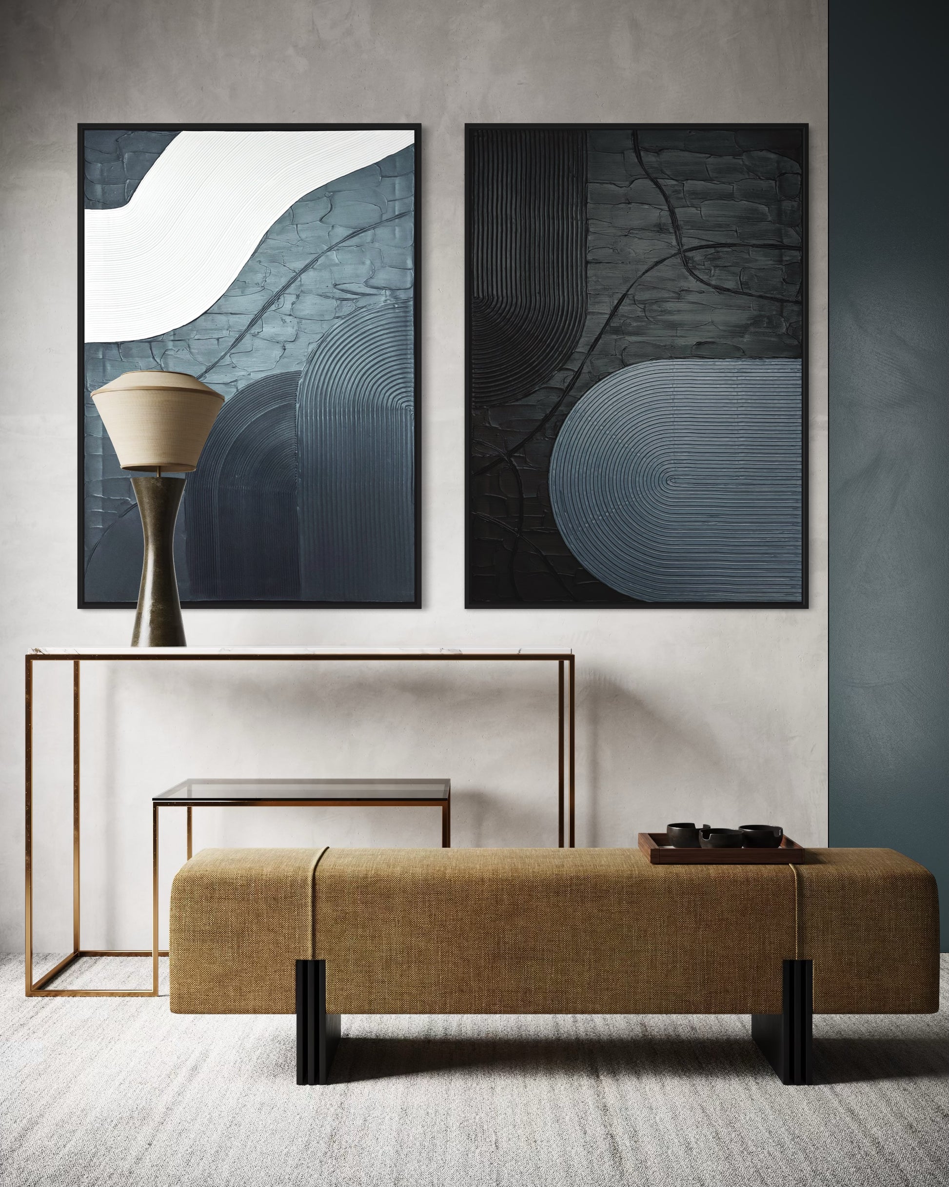 Modern interior with abstract minimalist modern wall art and a bench.