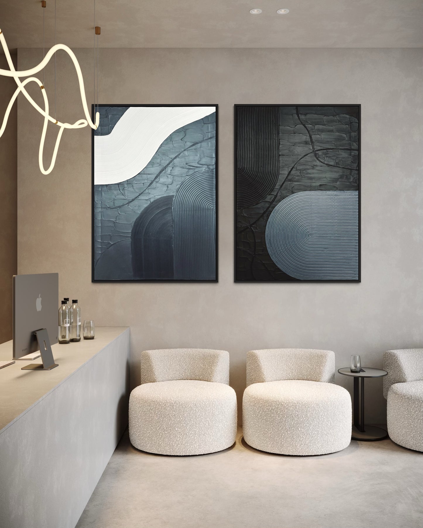 Modern interior with abstract art in black and grey Arch design on the wall, white chairs, and a reception desk.