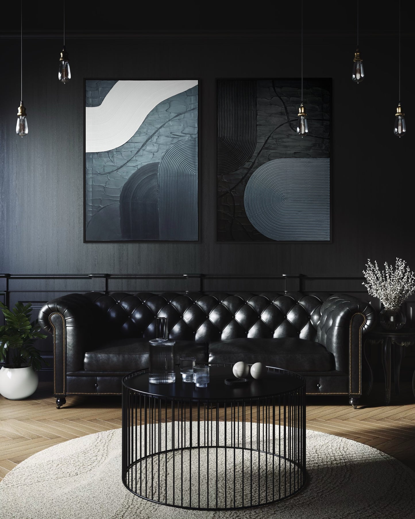 Modern living room with black leather sofa, round metal coffee table, and abstract 3d wall art.