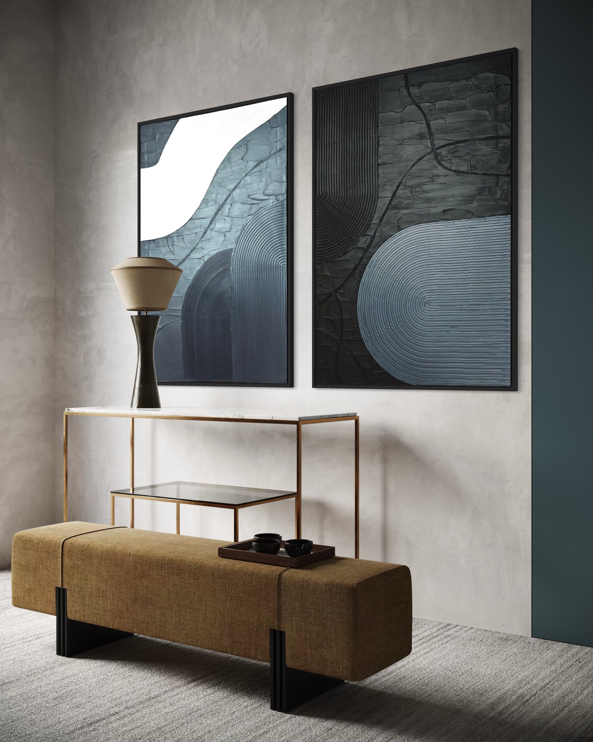 Modern interior design with modern abstract wall art with arch design, a console table, and a bench.