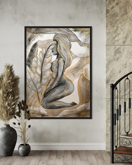 FEMALE textured wall art in soft beige with gold details, 50x70 cm