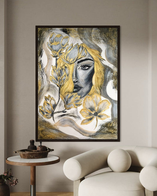 FEMALE textured wall art in soft beige with gold details, 50x70 cm
