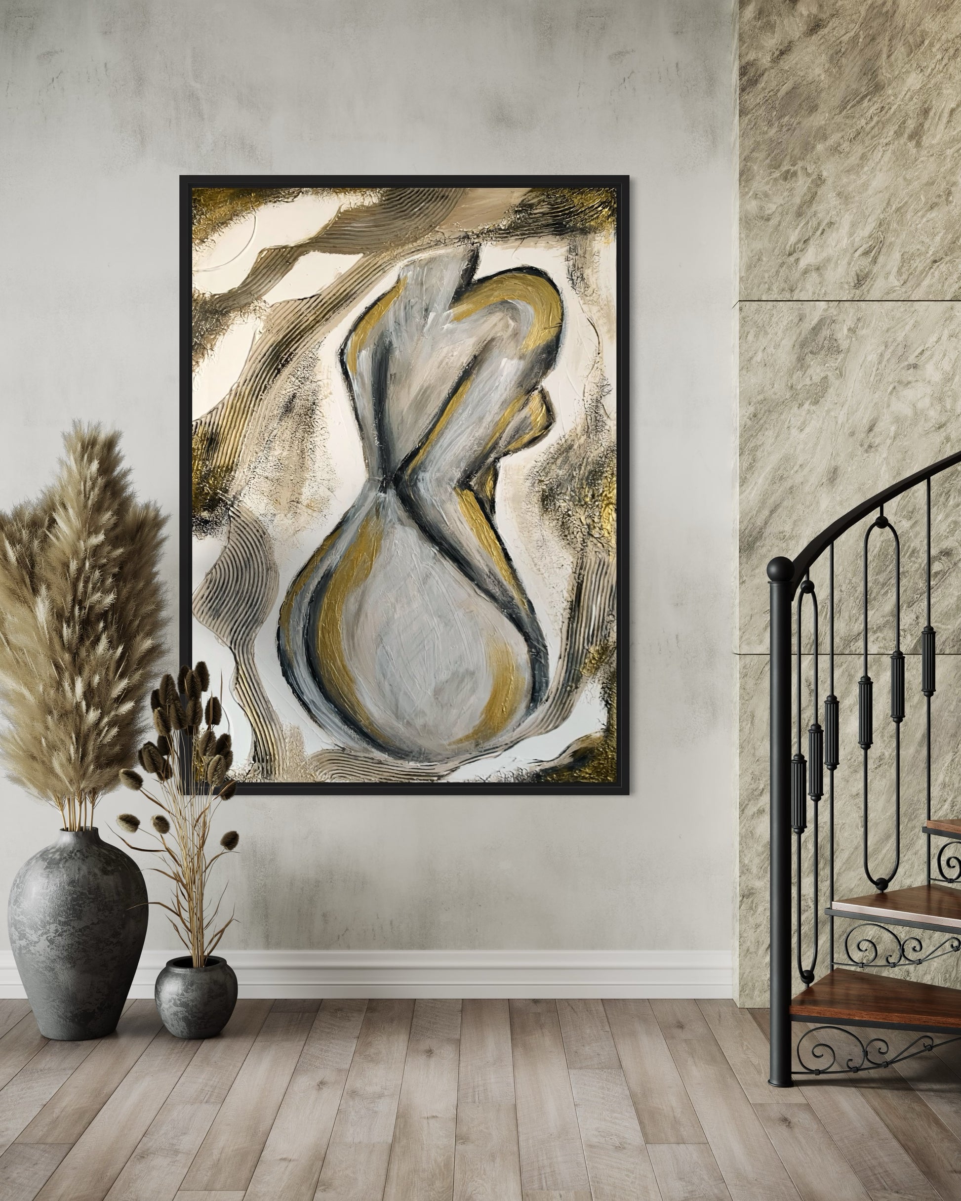 Handcrafted wall art featuring minimalist feminine form in beige and gold