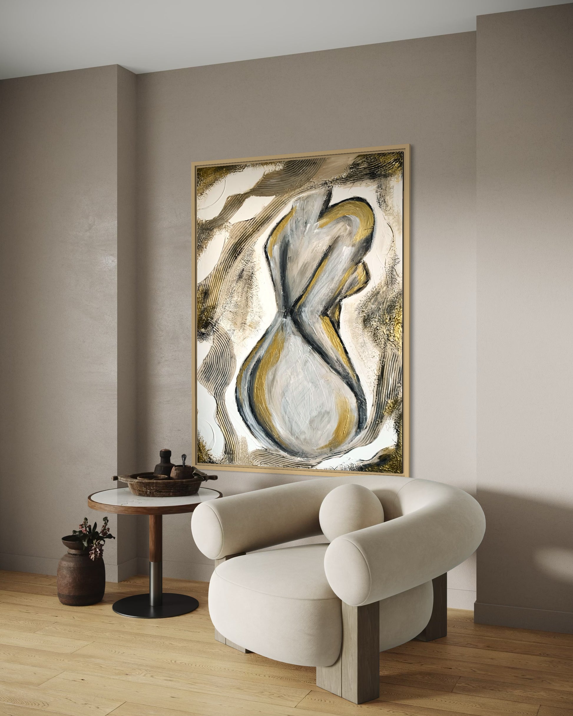 Handcrafted wall art featuring minimalist feminine form in beige and gold