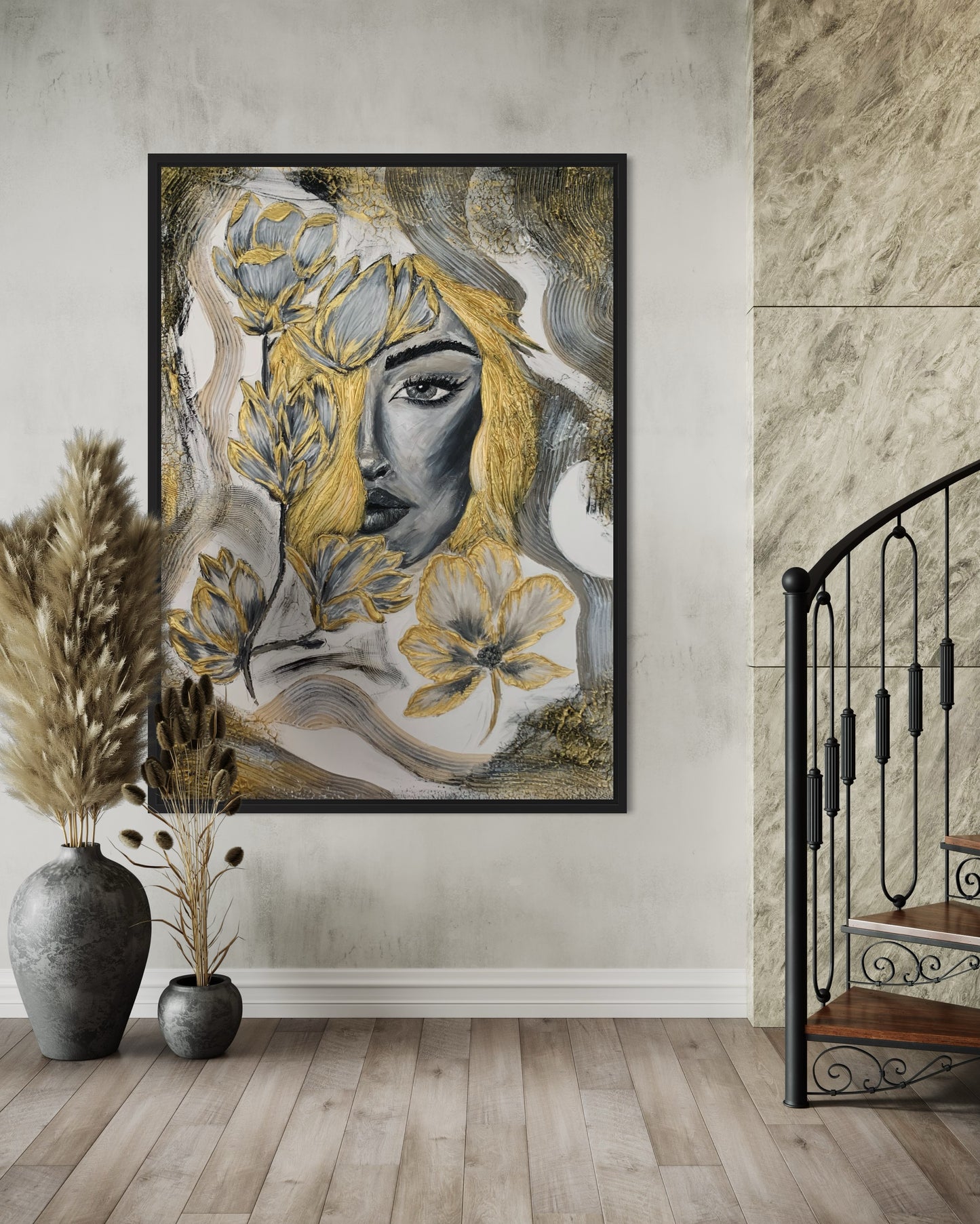 Abstract female figure canvas with sculptural 3D texture and gold accents