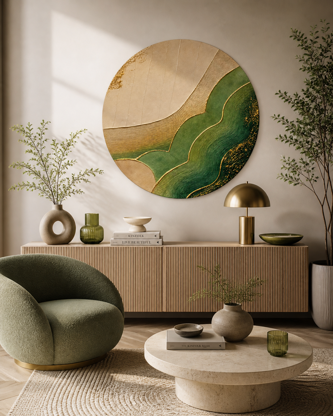 Modern living room with a round abstract painting, green armchair, and marble coffee table.