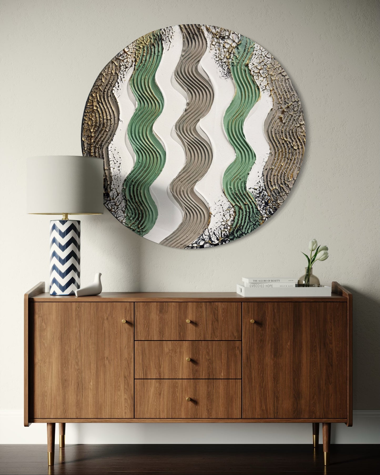 Obraz strukturalny okrągły w beżu, zieleni i bieli. Idealne dzieło sztuki dla nowoczesnego wnętrza.