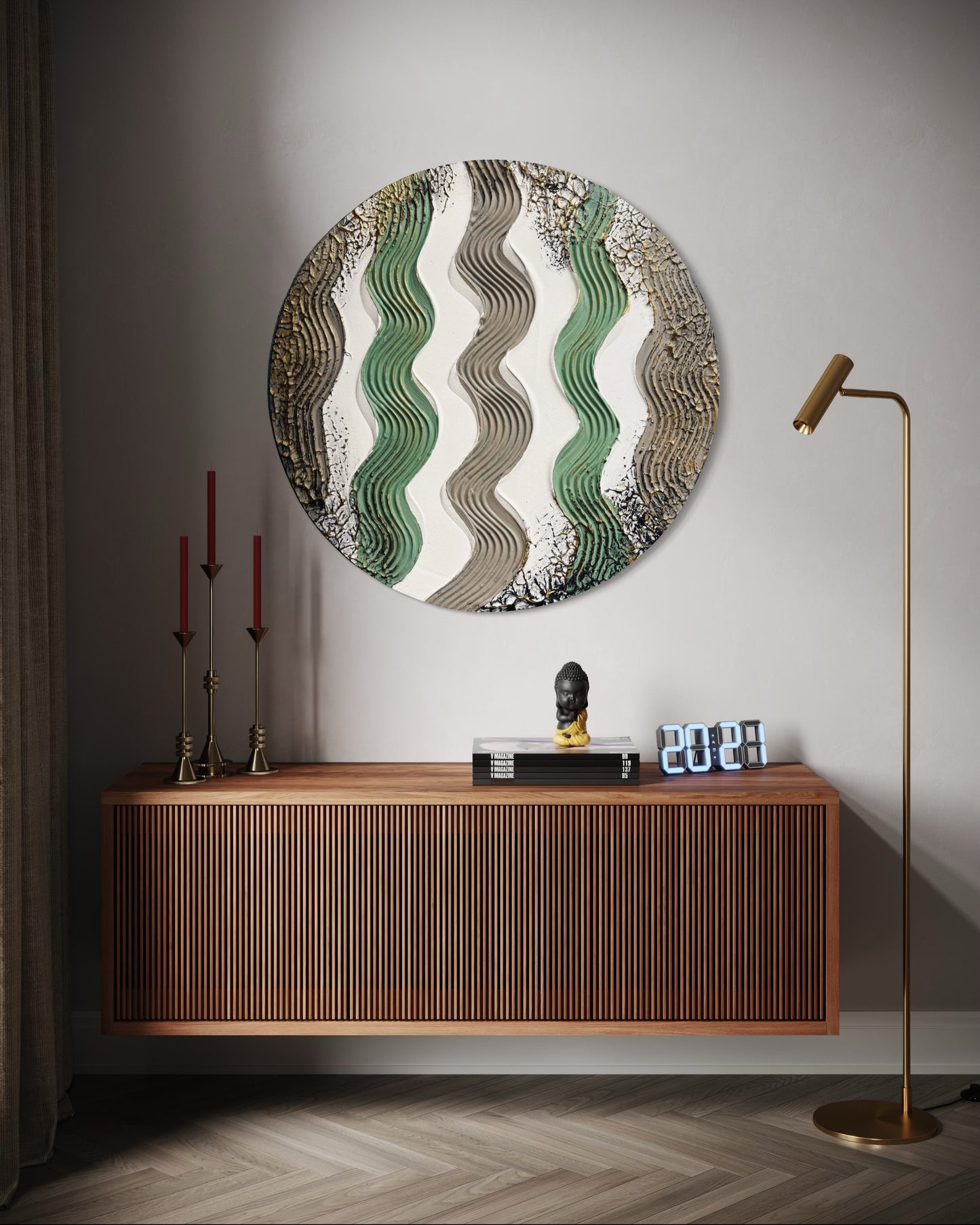 Obraz strukturalny okrągły w beżu, zieleni i bieli. Idealne dzieło sztuki dla nowoczesnego wnętrza.