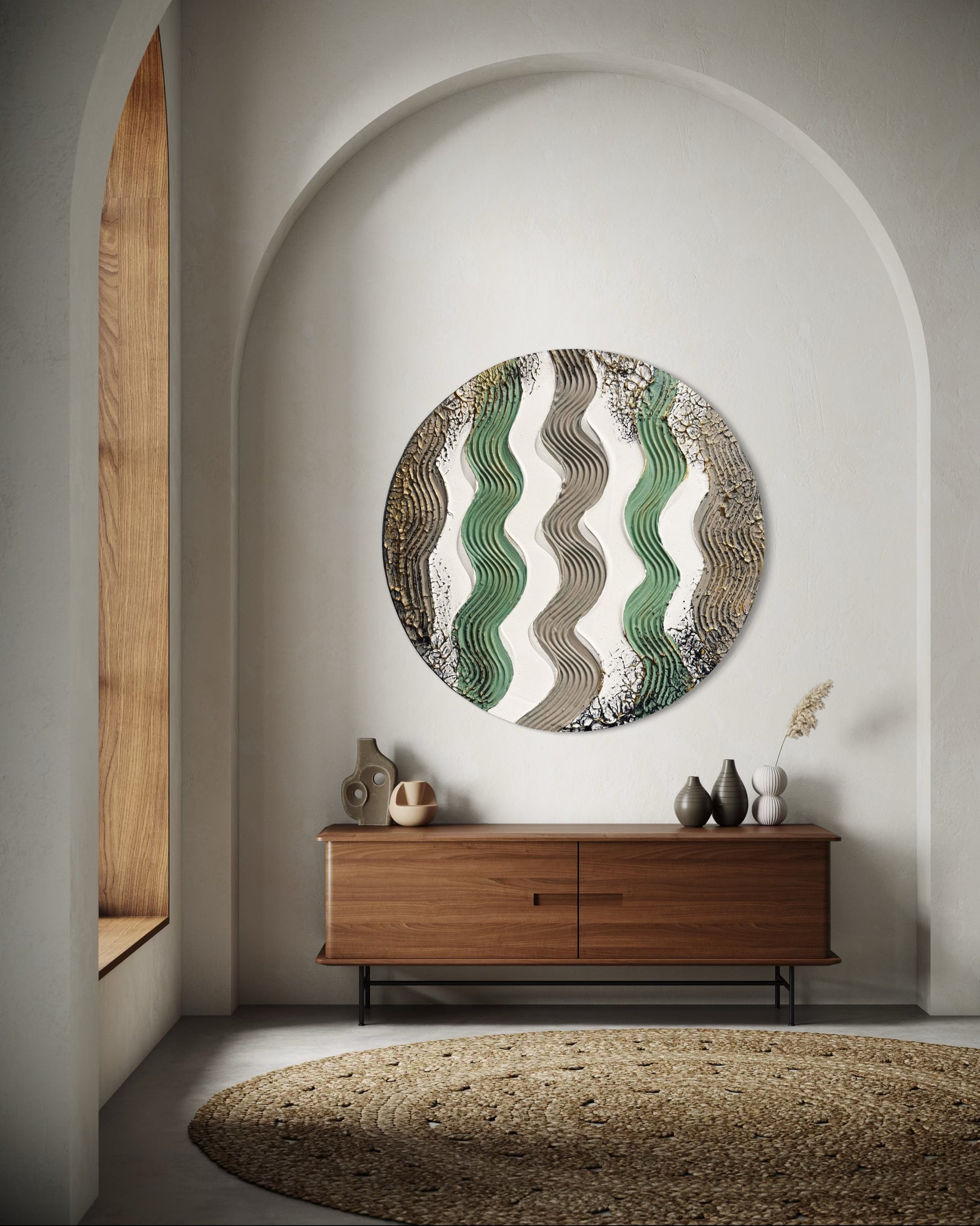 Obraz strukturalny okrągły w beżu, zieleni i bieli. Idealne dzieło sztuki dla nowoczesnego wnętrza.