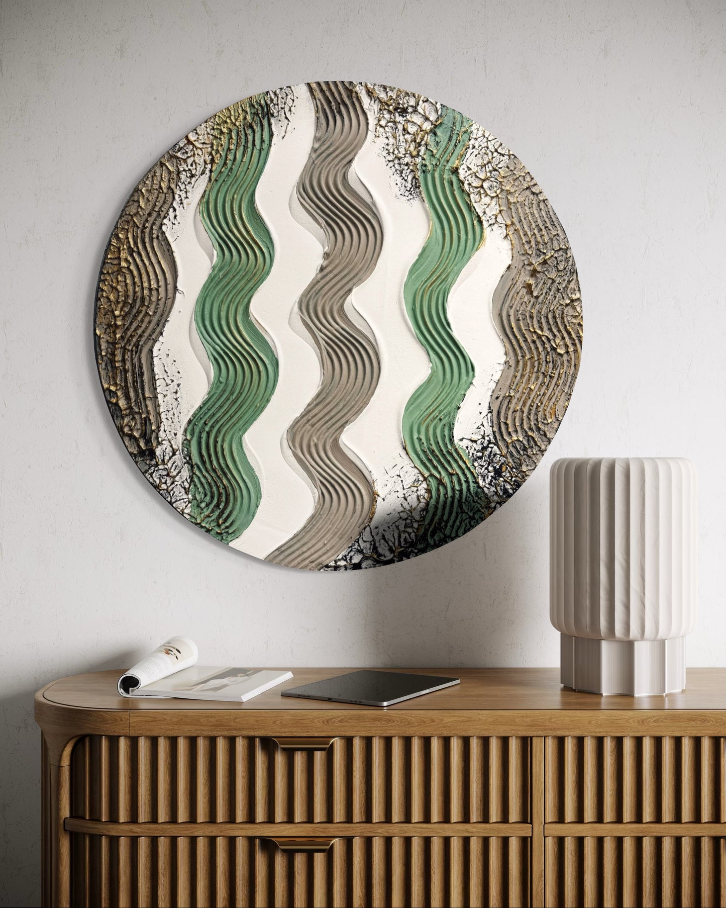 Obraz strukturalny okrągły w beżu, zieleni i bieli. Idealne dzieło sztuki dla nowoczesnego wnętrza.