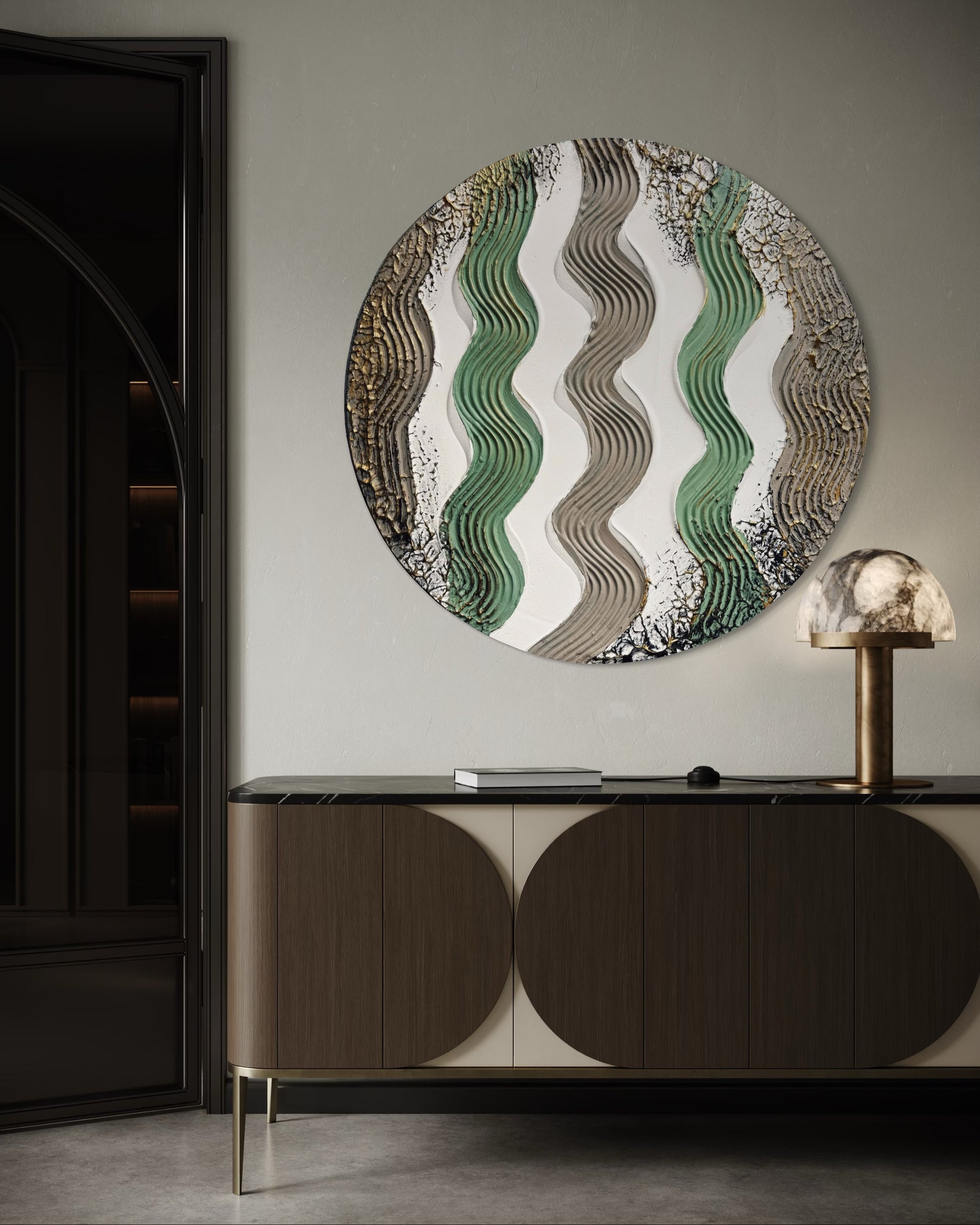 Obraz strukturalny okrągły w beżu, zieleni i bieli. Idealne dzieło sztuki dla nowoczesnego wnętrza.