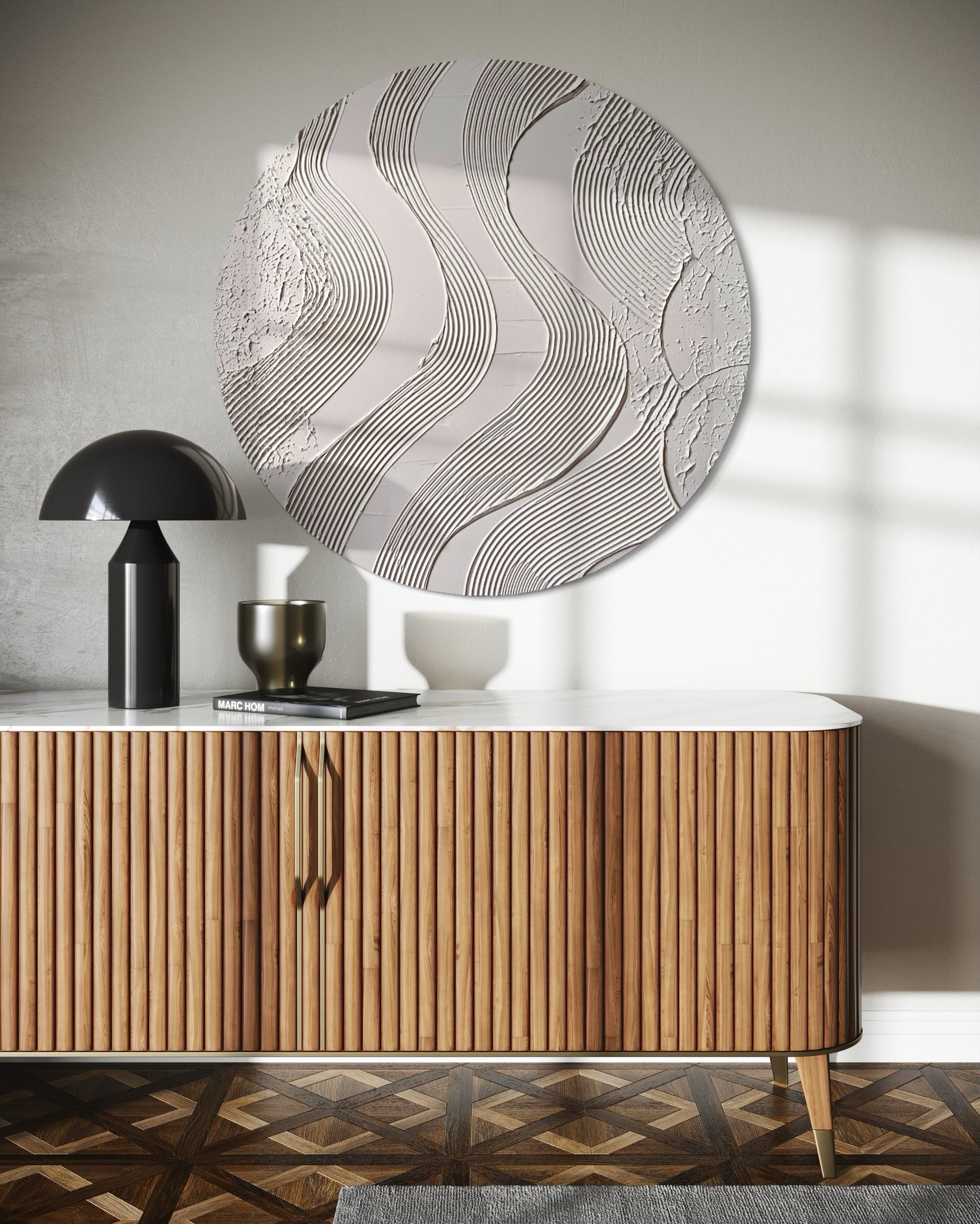 Neutral round abstract wall art for Japandi interiors
