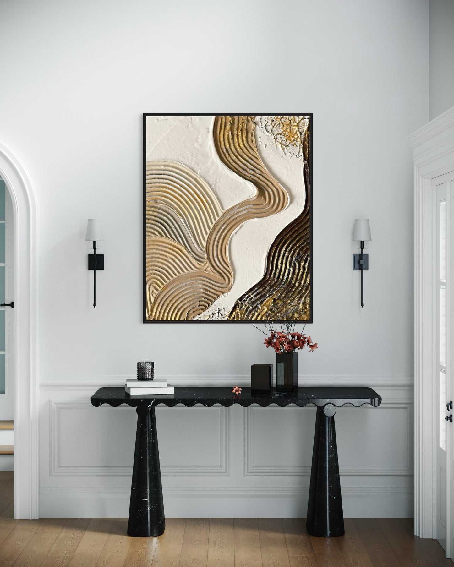 Modern interior with a console table and abstract  minimalist textured wall art