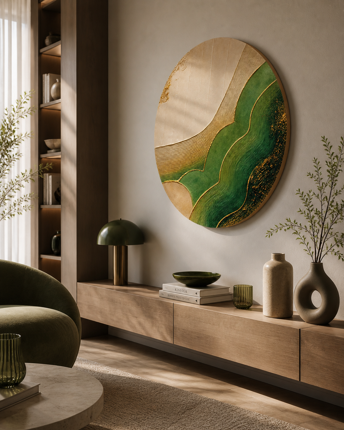 Modern living room with a round abstract painting on the wall, wooden cabinet, and decorative items.