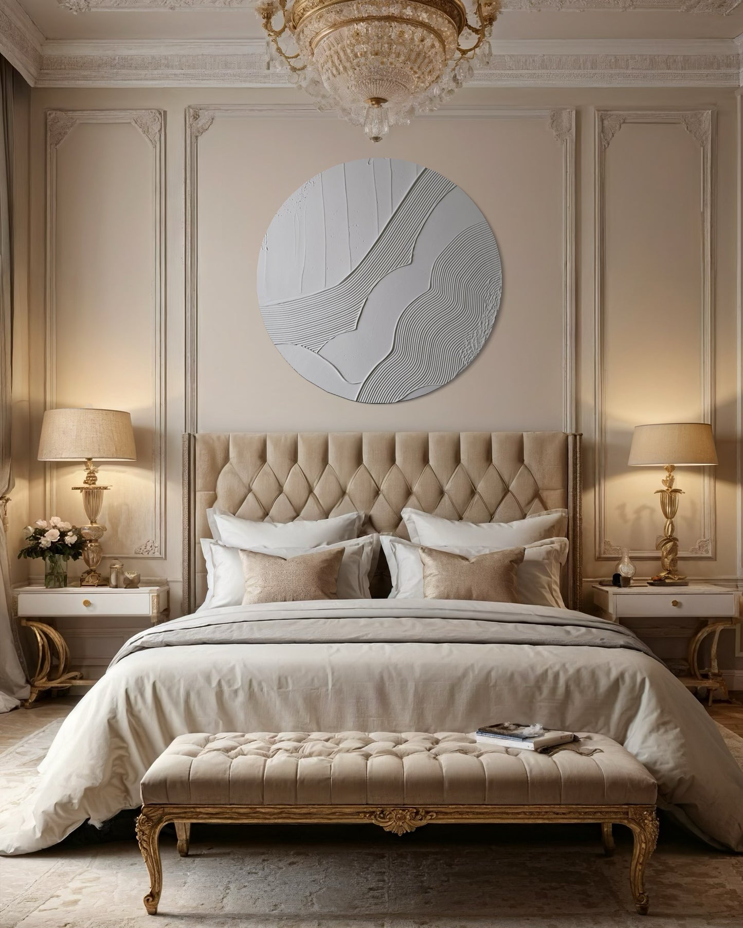 HARMONY white round textured wall art for bedroom