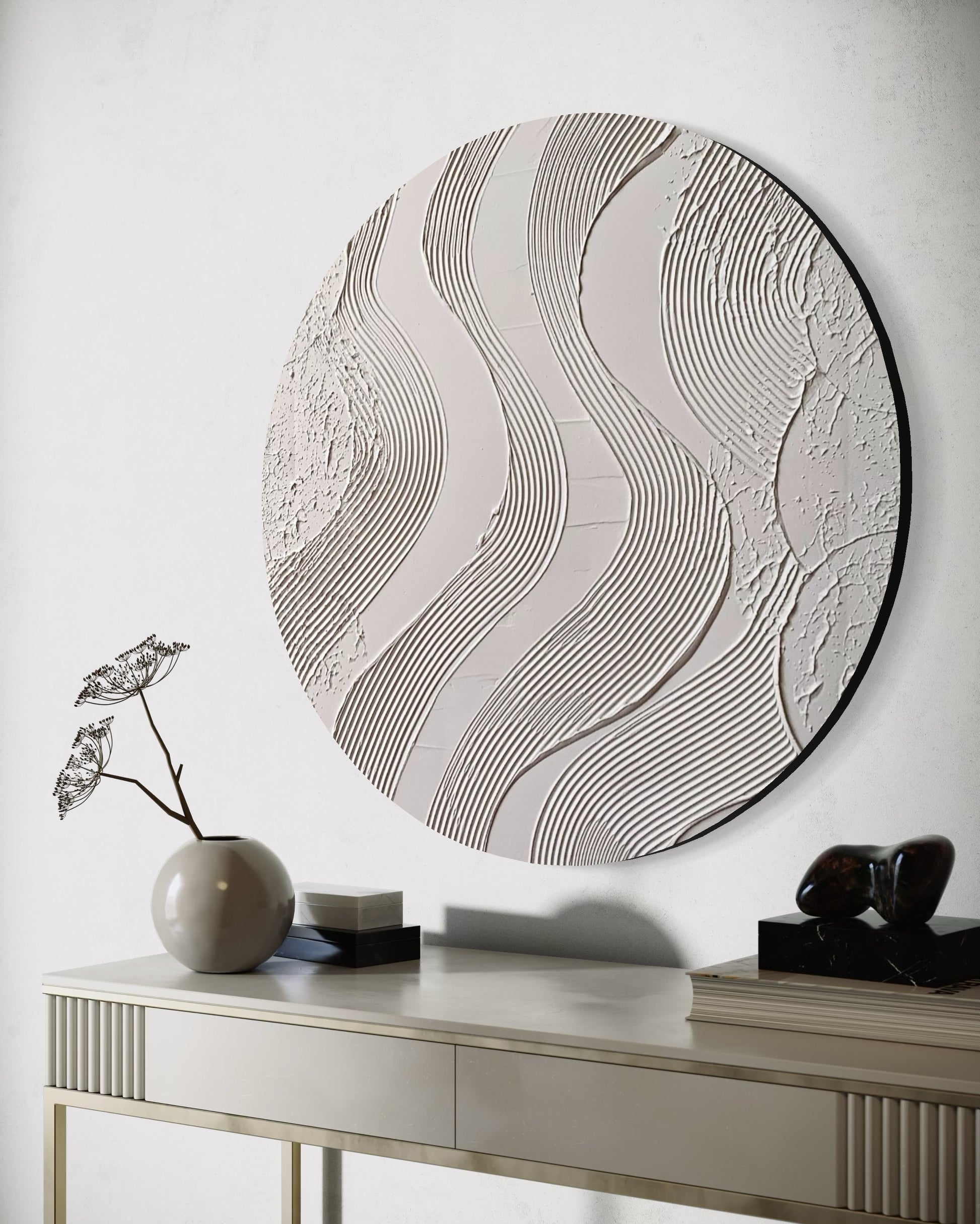 Handmade textured artwork in circular format

