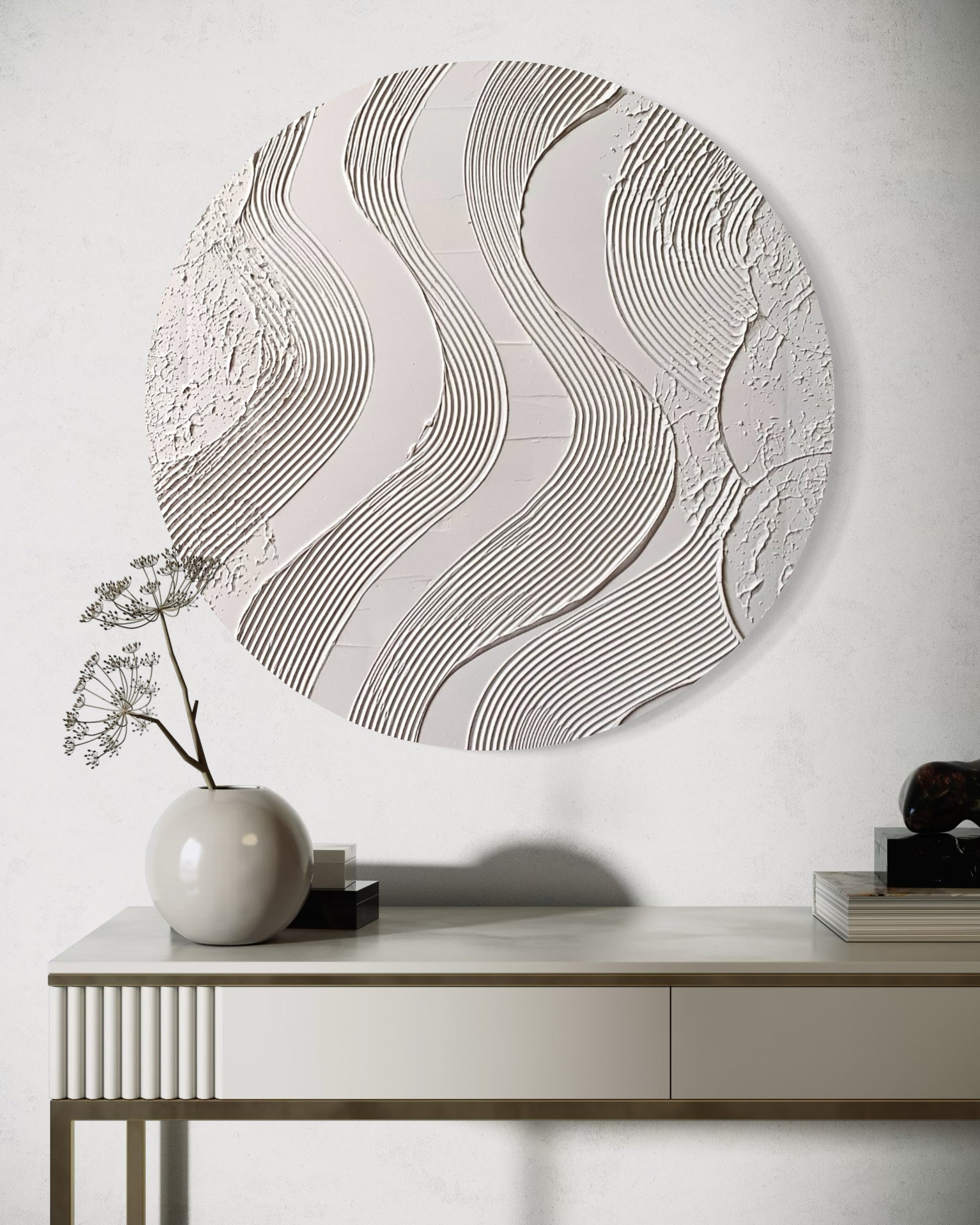 HARMONY white round textured wall art for living room