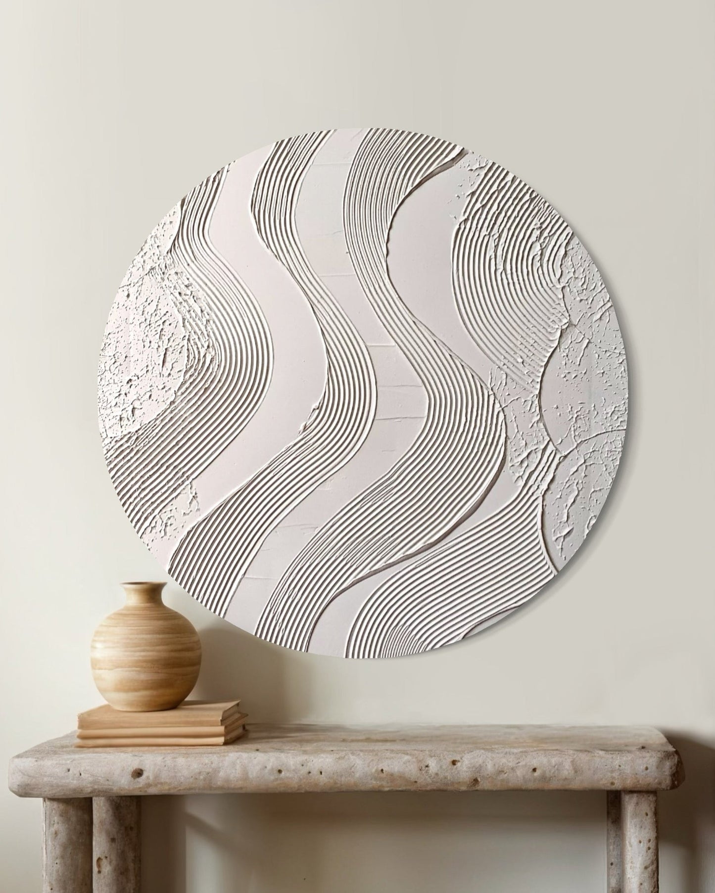 Neutral round abstract wall art for Japandi interiors