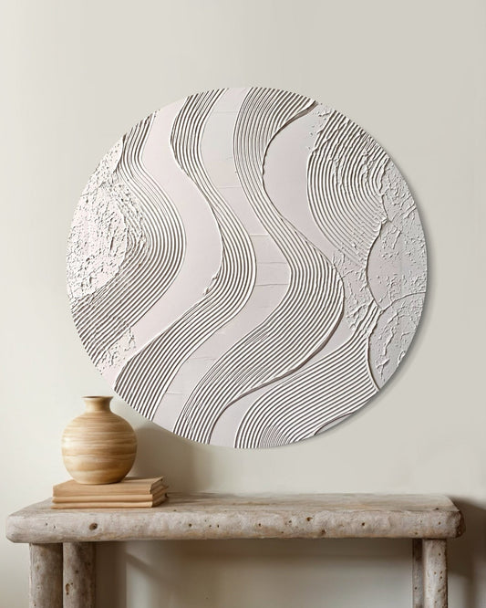 Neutral round abstract wall art for Japandi interiors