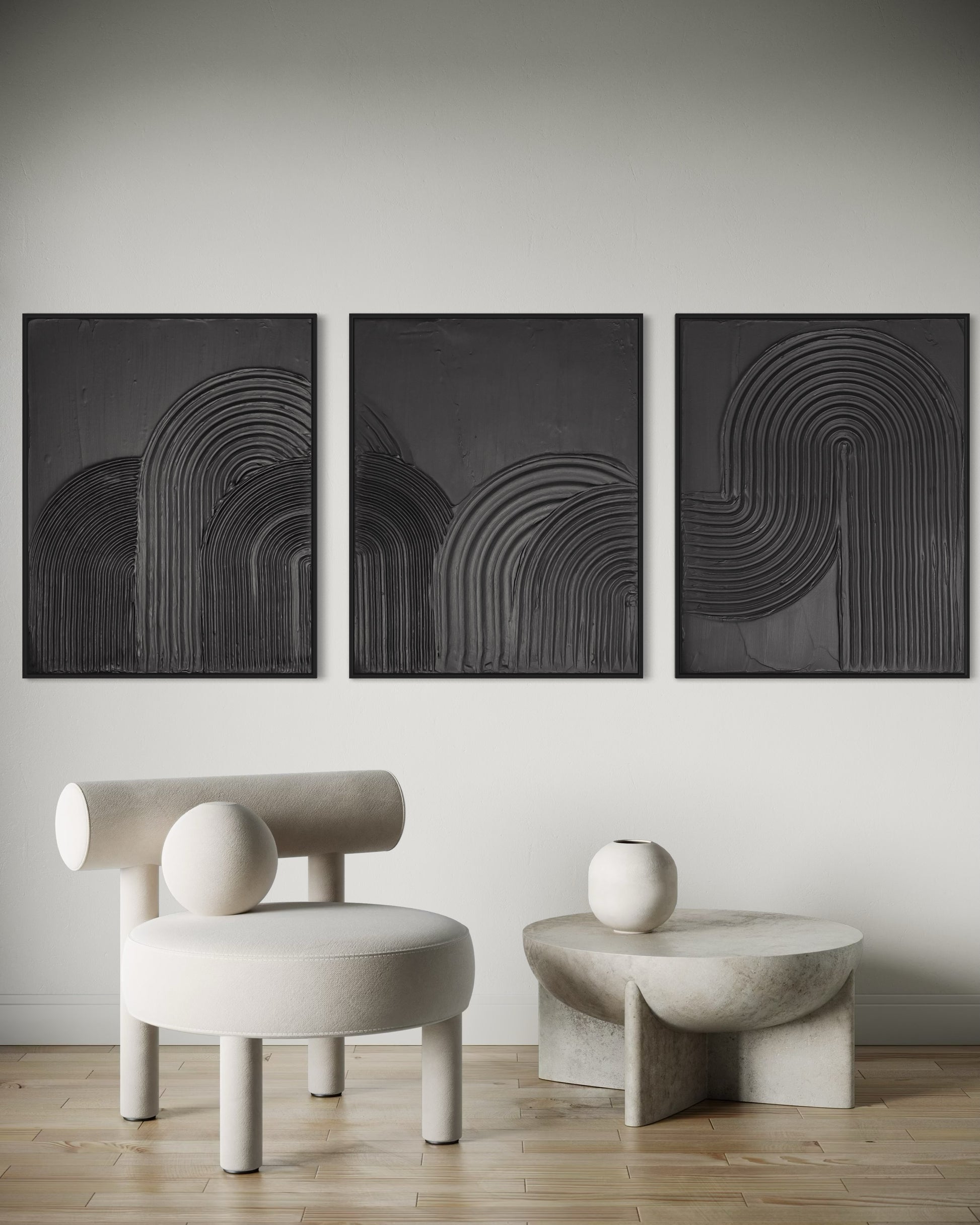 Black textured wall art set
Minimalist 3D artwork trio
Modern arches canvas art
Handmade wall decor set
Unique abstract wall art
Zen-inspired minimalist design
Contemporary textured painting
Luxury black home decor
Large 3D wall art