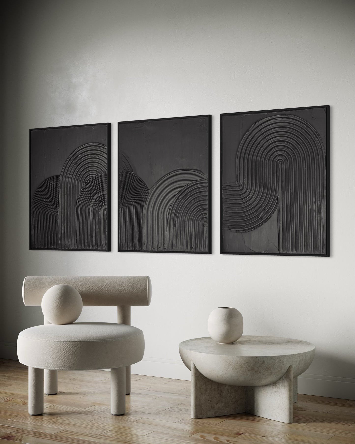 Black textured wall art set
Minimalist 3D artwork trio
Modern arches canvas art
Handmade wall decor set
Unique abstract wall art
Zen-inspired minimalist design
Contemporary textured painting
Luxury black home decor
Large 3D wall art