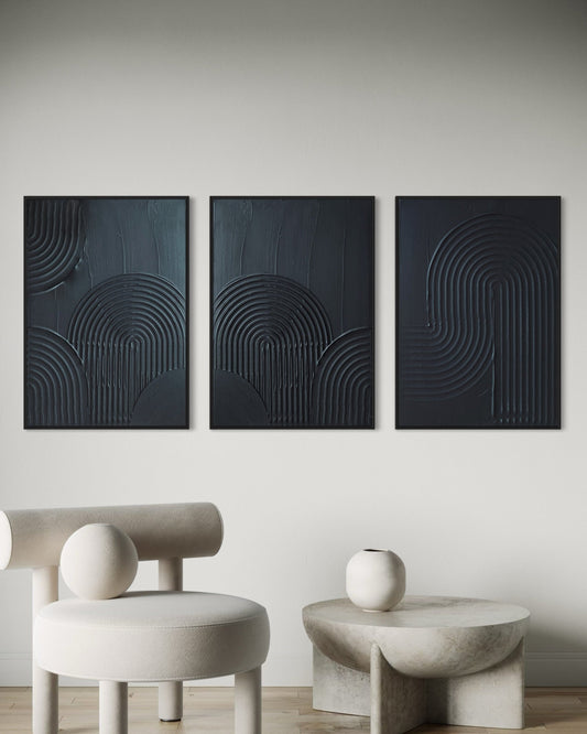  ZEN ARCH set of 3 in classic black – a minimalist and modern triptych of textured art pieces designed to bring harmony and sophistication to any room. 