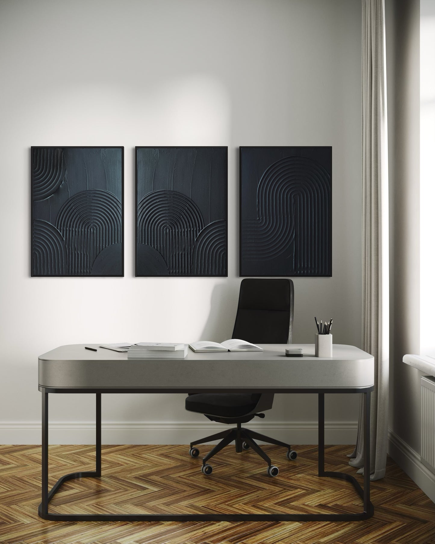  ZEN ARCH set of 3 in classic black – a minimalist and modern triptych of textured art pieces designed to bring harmony and sophistication to any room. 