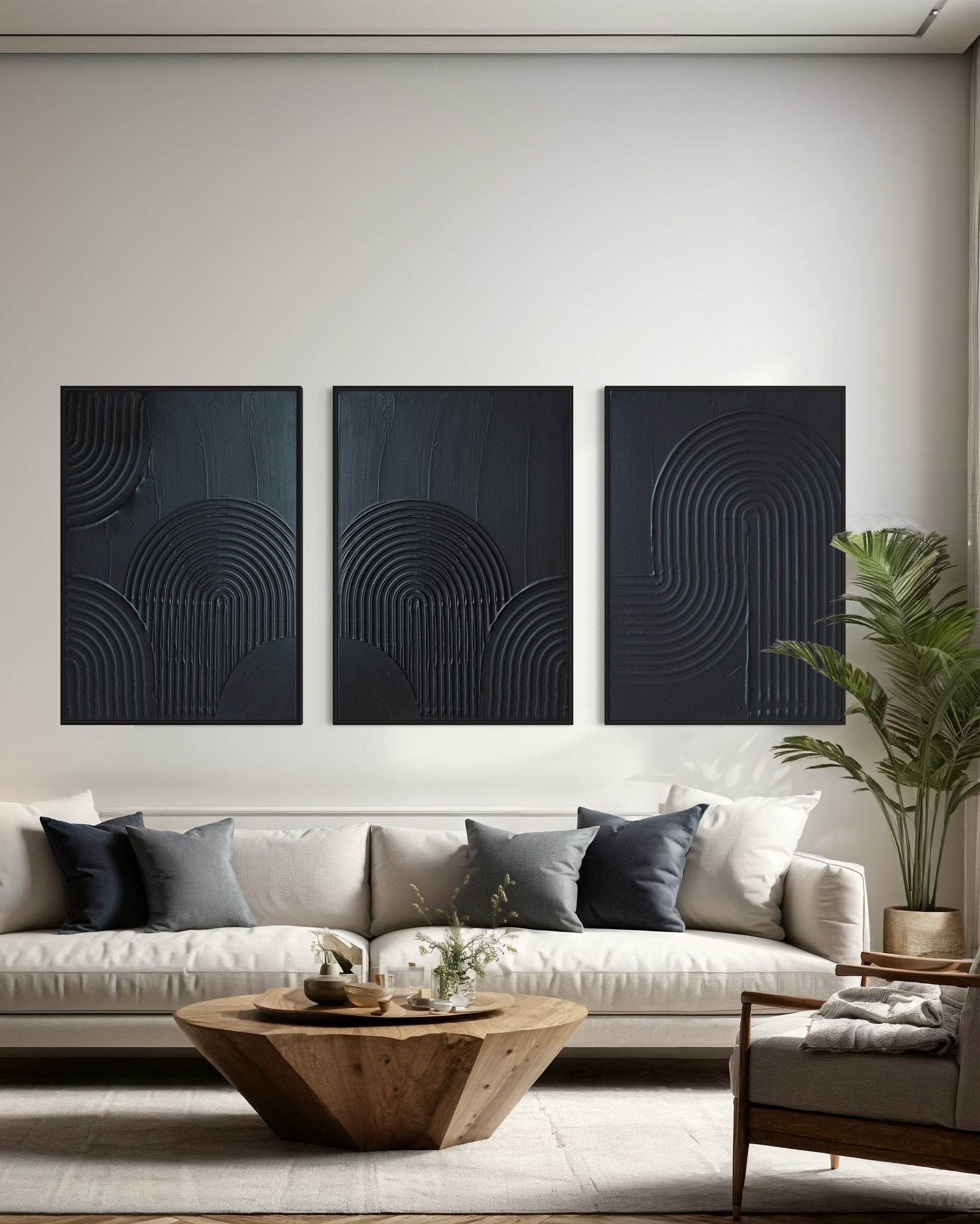  ZEN ARCH set of 3 in classic black – a minimalist and modern triptych of textured art pieces designed to bring harmony and sophistication to any room. 