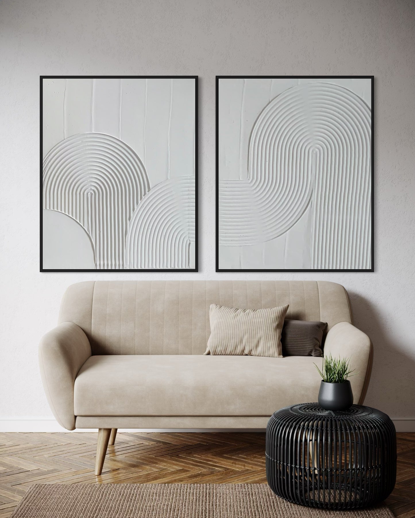 white modern minimalist contemporary 2 set wall art, framed, made on ready to hang canvas, diptych